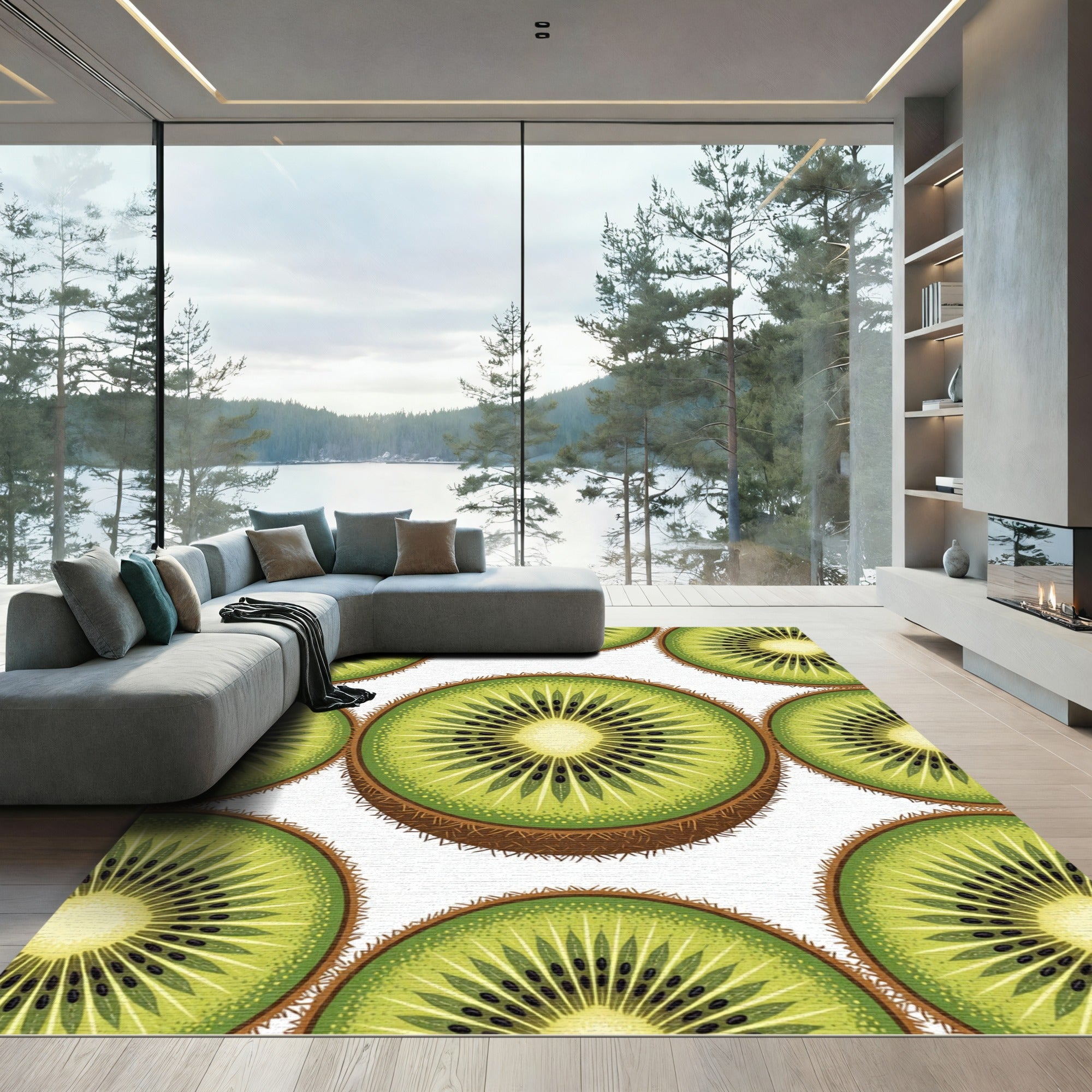 Vibrant Green Sliced Kiwi Fruit Rug