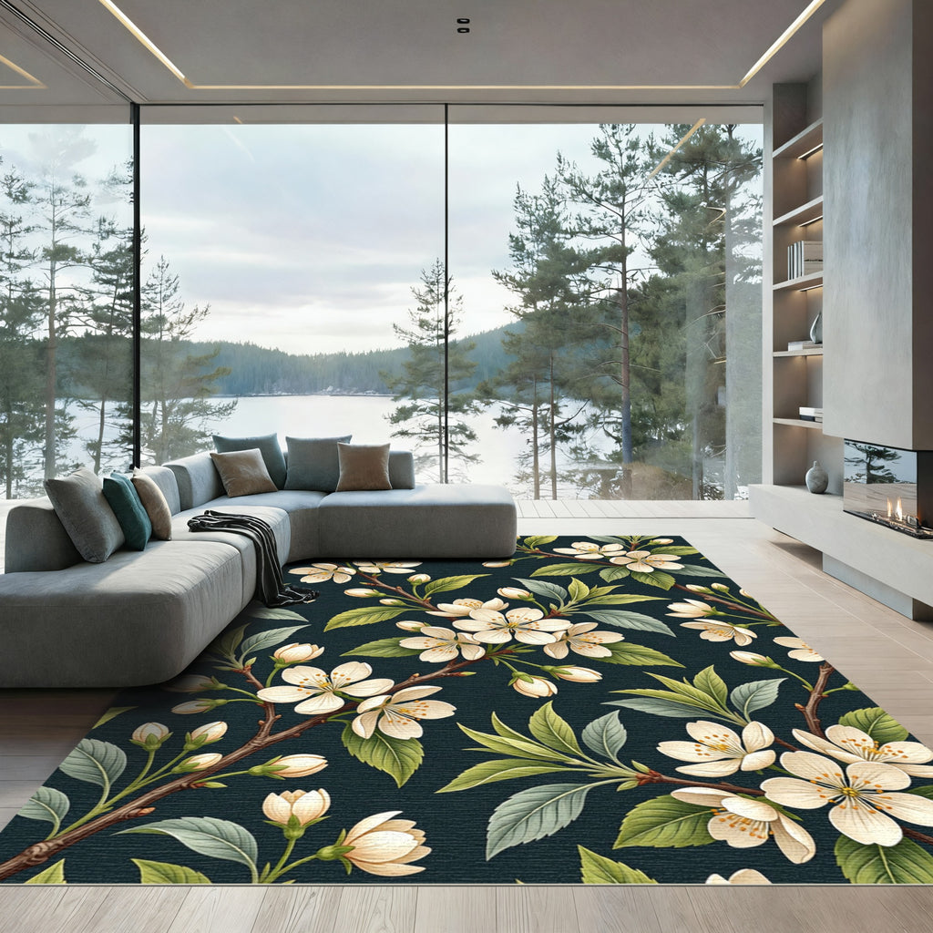 Elegant White Cherry Blossom Dark Teal Rug