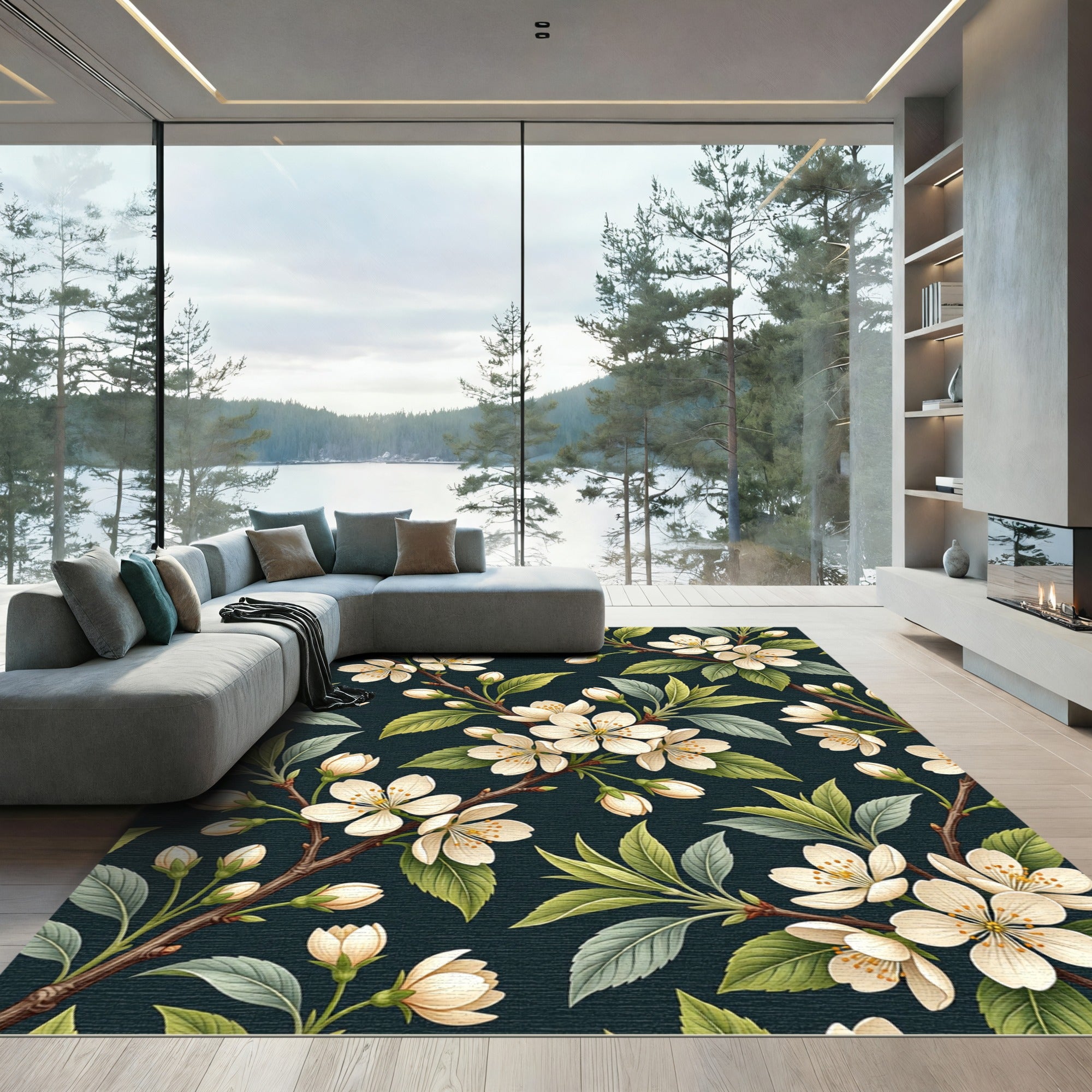 Elegant White Cherry Blossom Dark Teal Rug