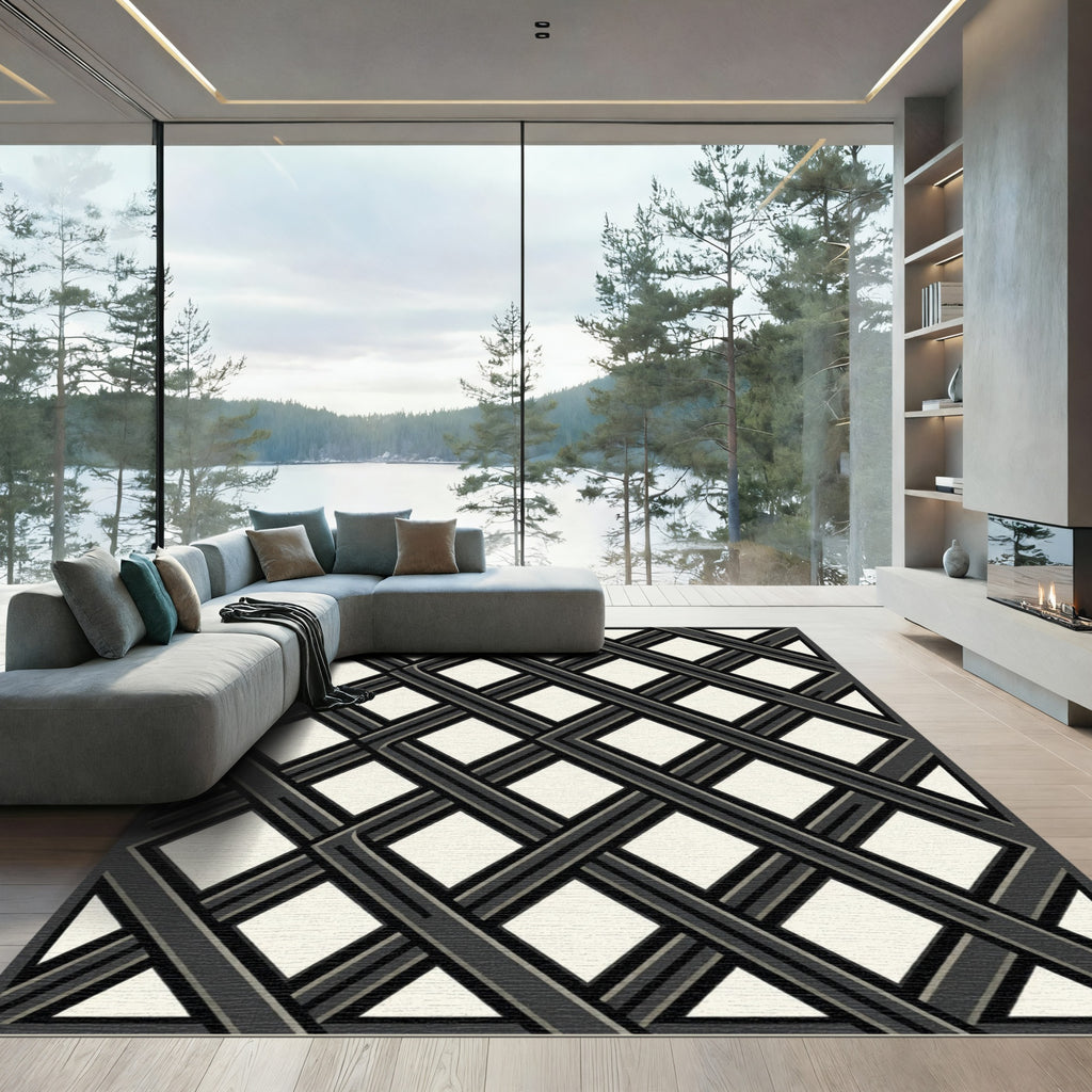 Monochromatic Charcoal Interlocking Diamond Lattice Rug