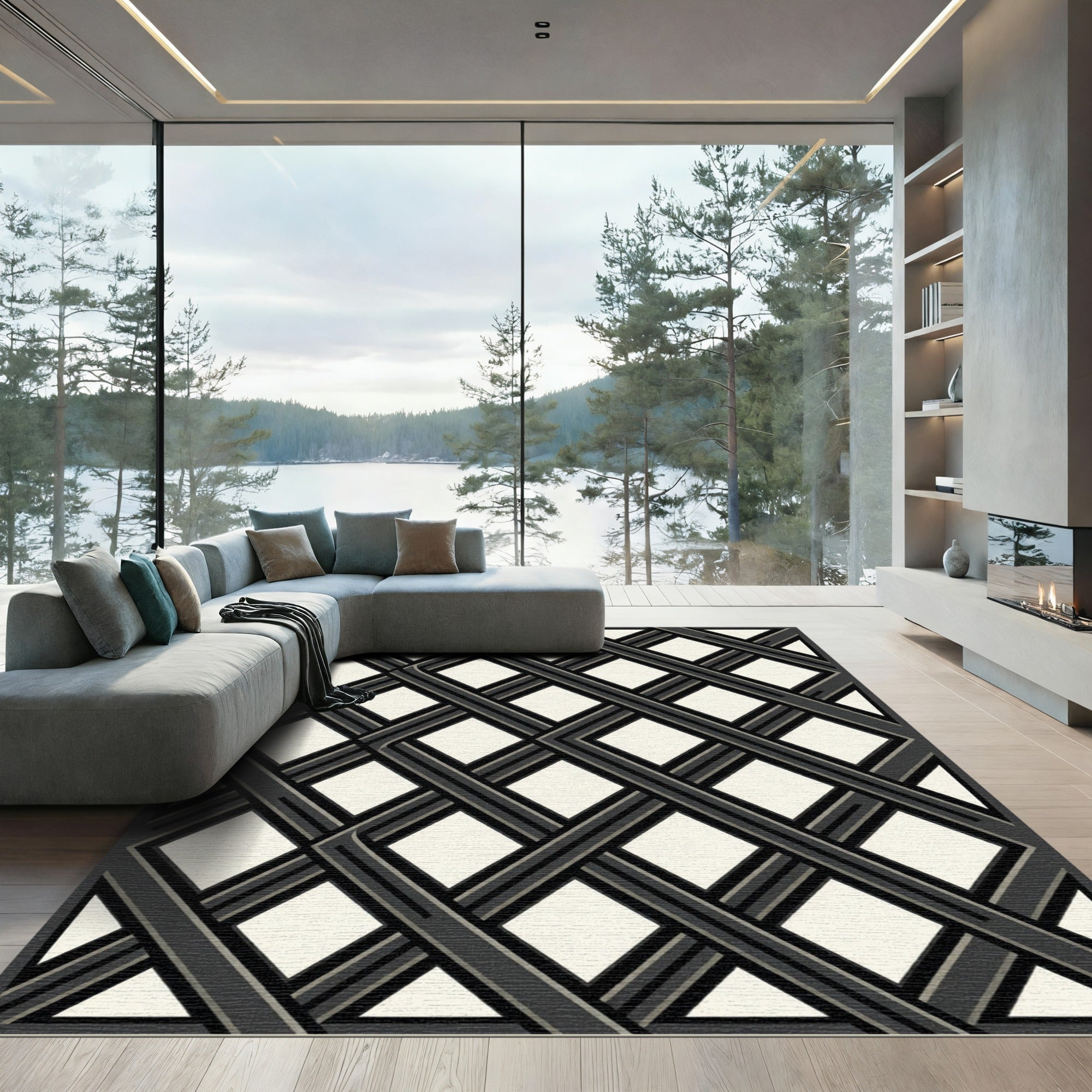 Monochromatic Charcoal Interlocking Diamond Lattice Rug
