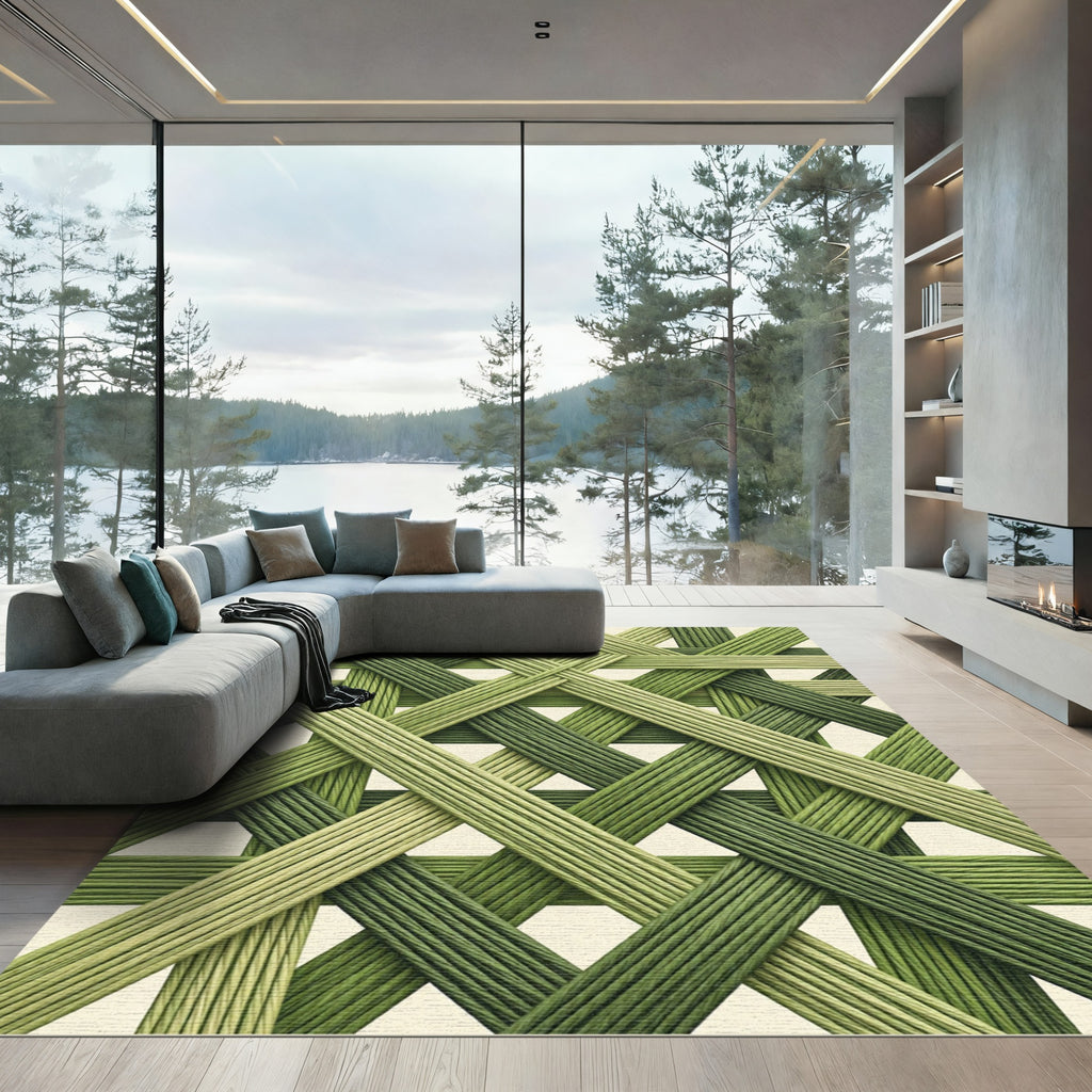 Olive Green Geometric Interwoven Lattice Rug