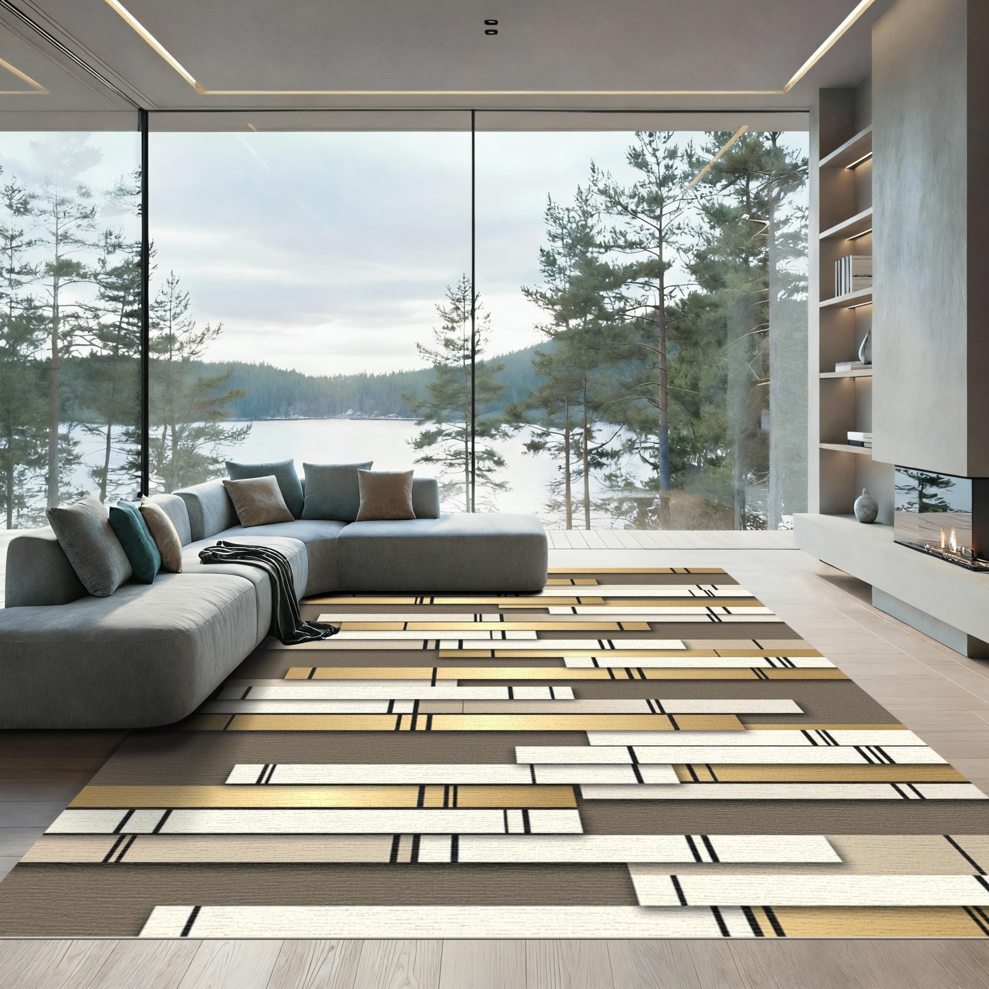 Golden White Horizontal Stripe Composition Rug
