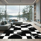 Monochromatic Graphic Barn Silhouette Checkered Area Rug