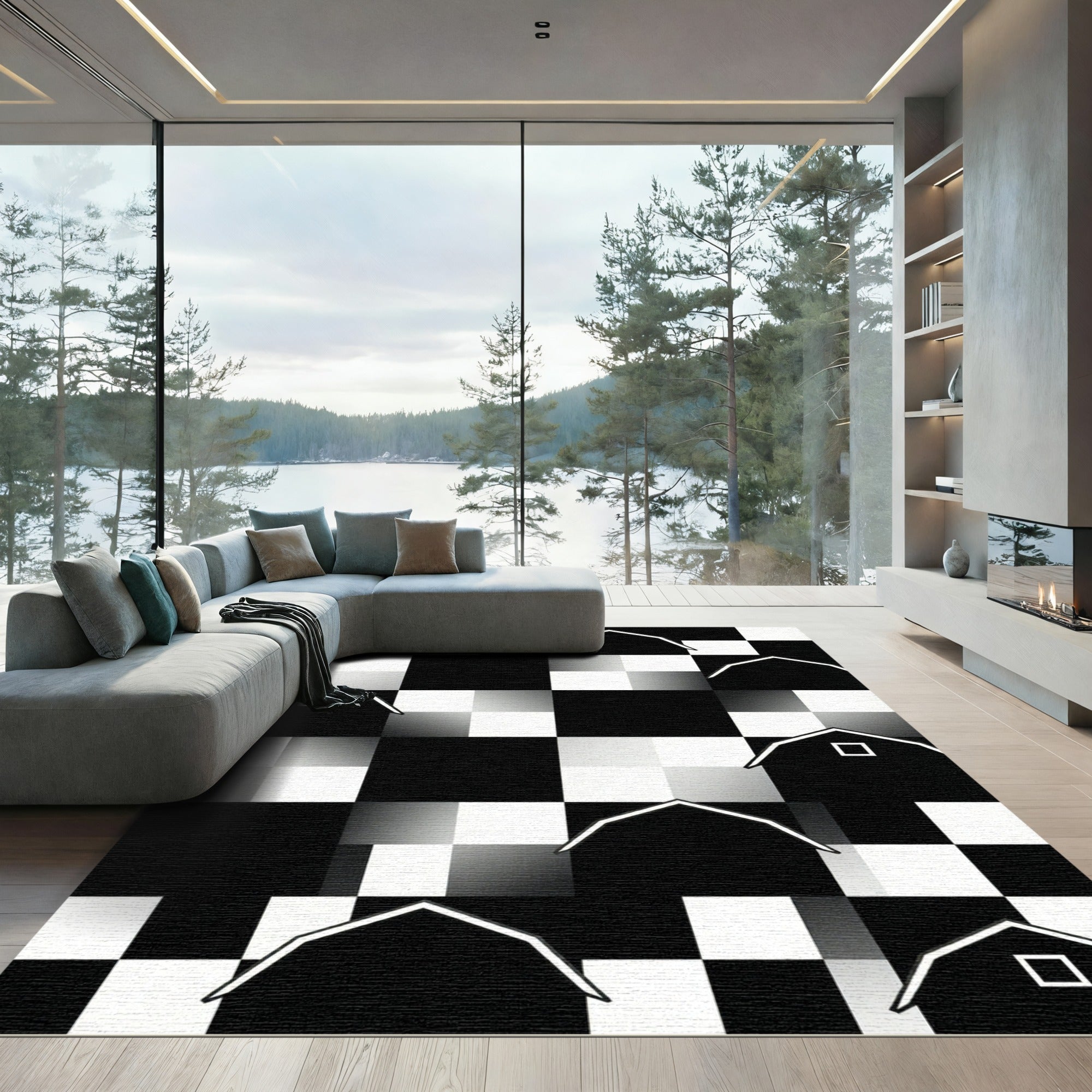 Monochromatic Graphic Barn Silhouette Checkered Area Rug