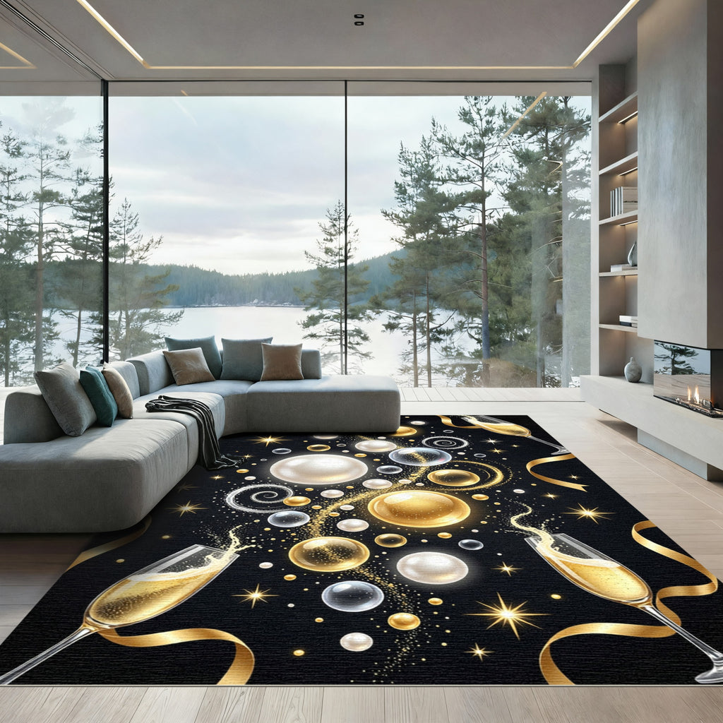 Elegant Gold Champagne Bubbles Celebration Art Rug