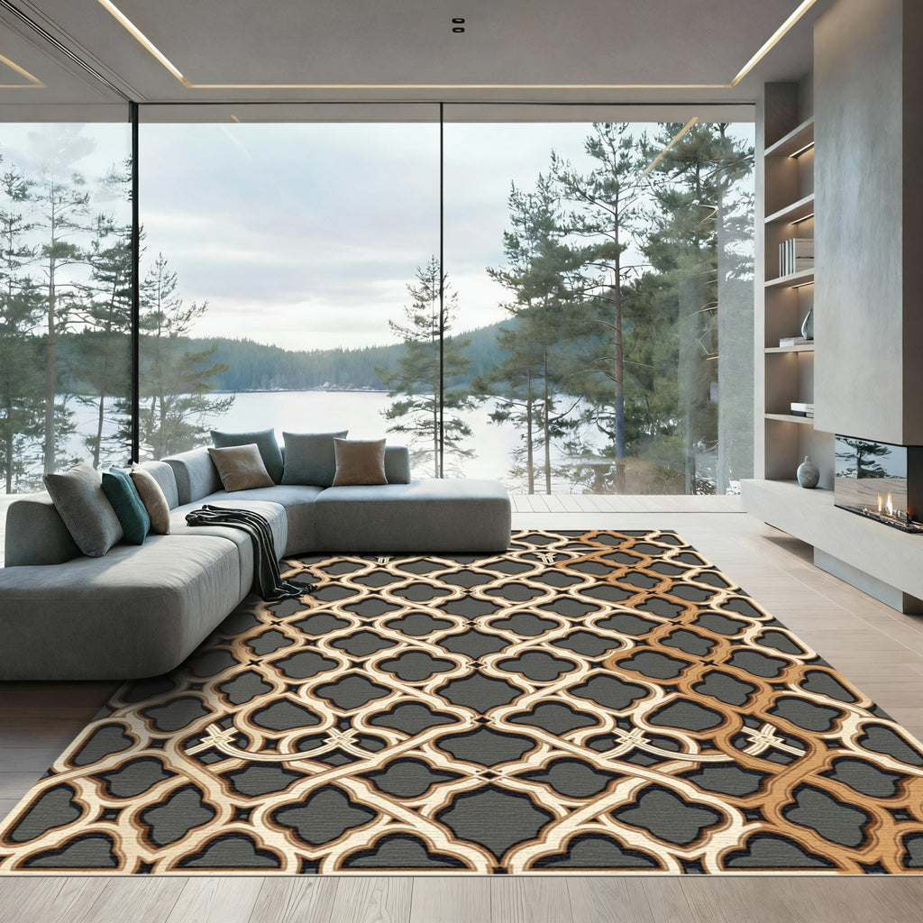 Elegant Gold Trellis Lattice Layered Rug