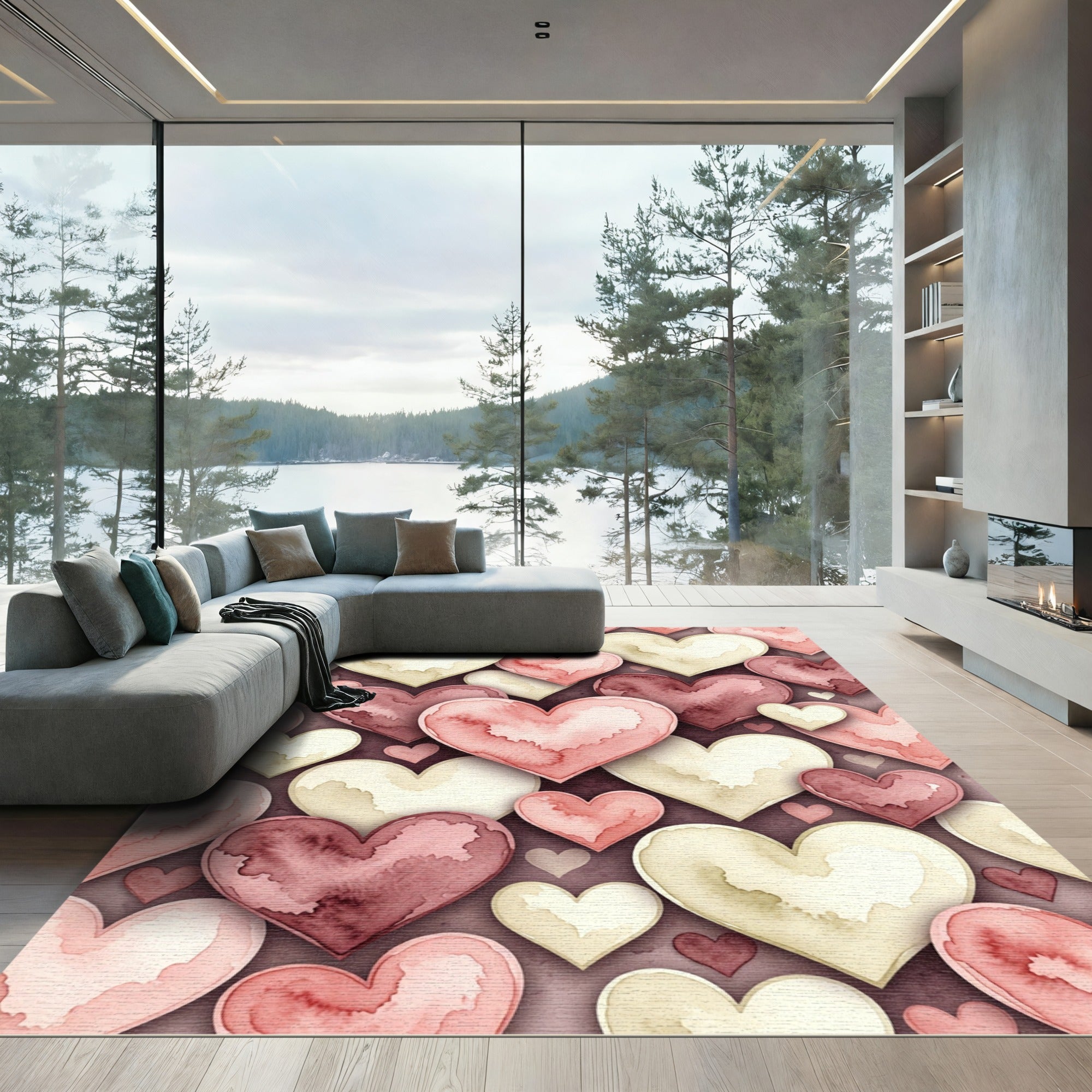 Watercolor Hearts in Blush and Crimson Rug