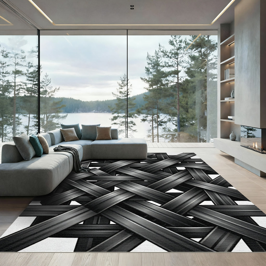 Modern Black Interwoven Metallic Ribbon Rug