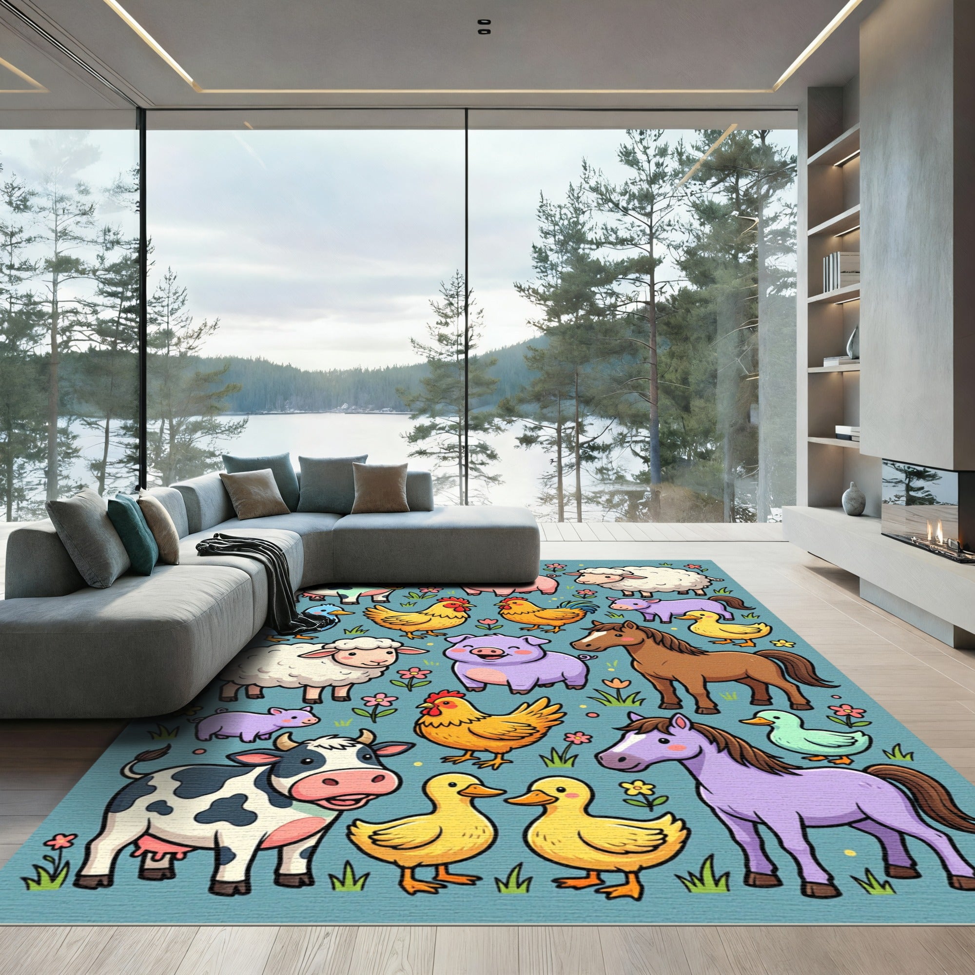 Whimsical Pasture Animals and Floral Meadow Rug