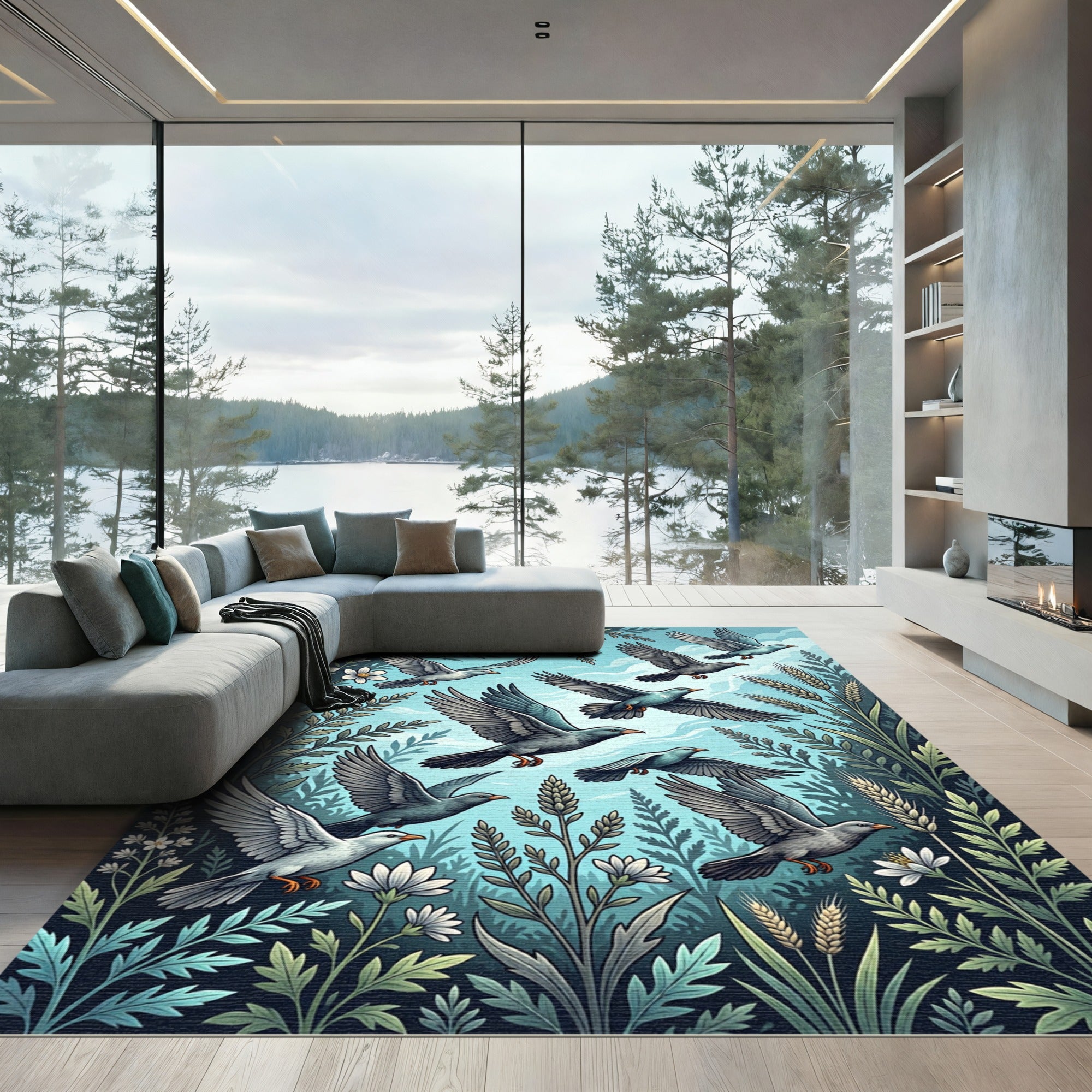Whimsical Sky Blue Flying Bird Meadow Rug