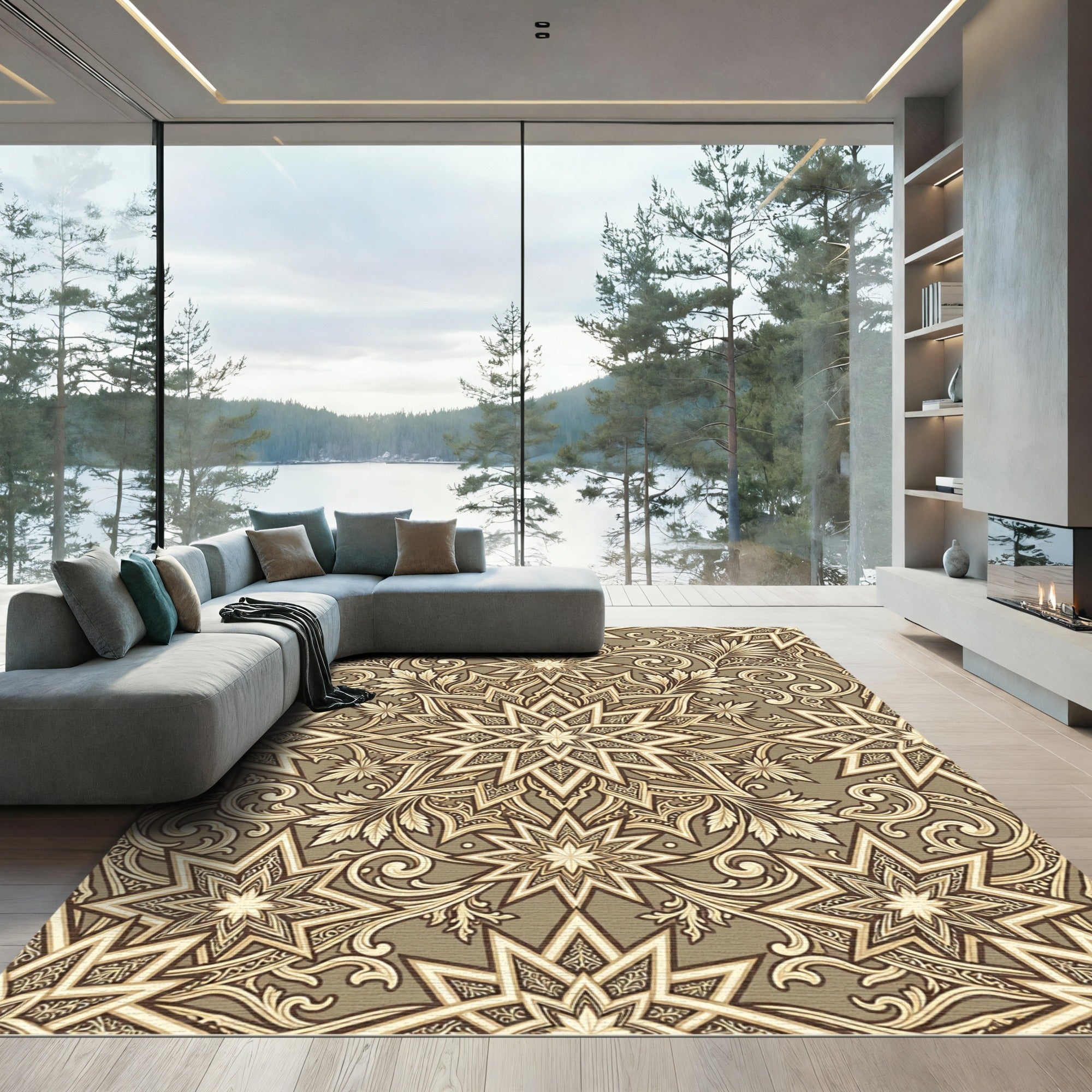 Elegant Beige Ornamented Star Medallion Rug