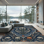 Elegant Navy Lotus Floral Medallion Rug