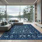 Deep Blue Avian Floral Garden Rug