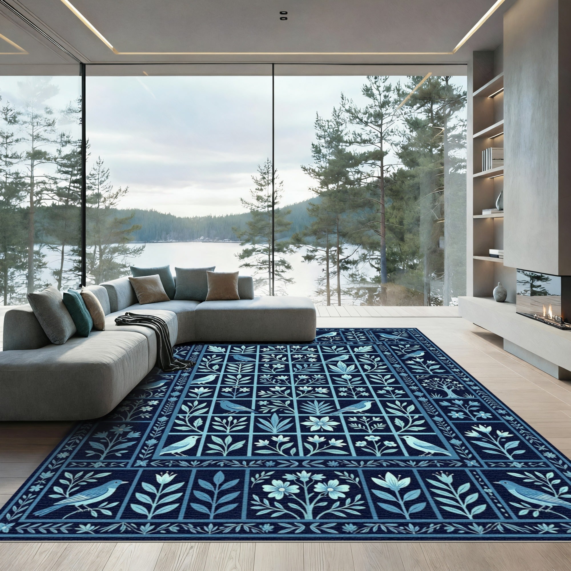 Deep Blue Avian Floral Garden Rug
