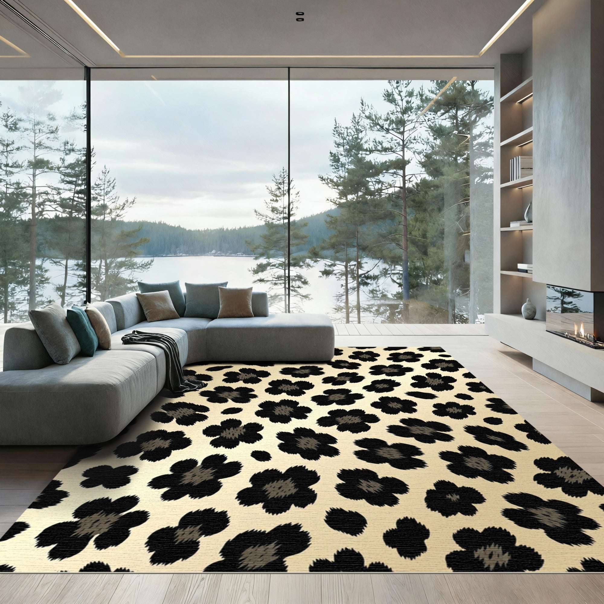 Golden Leopard Spots Floral Rug
