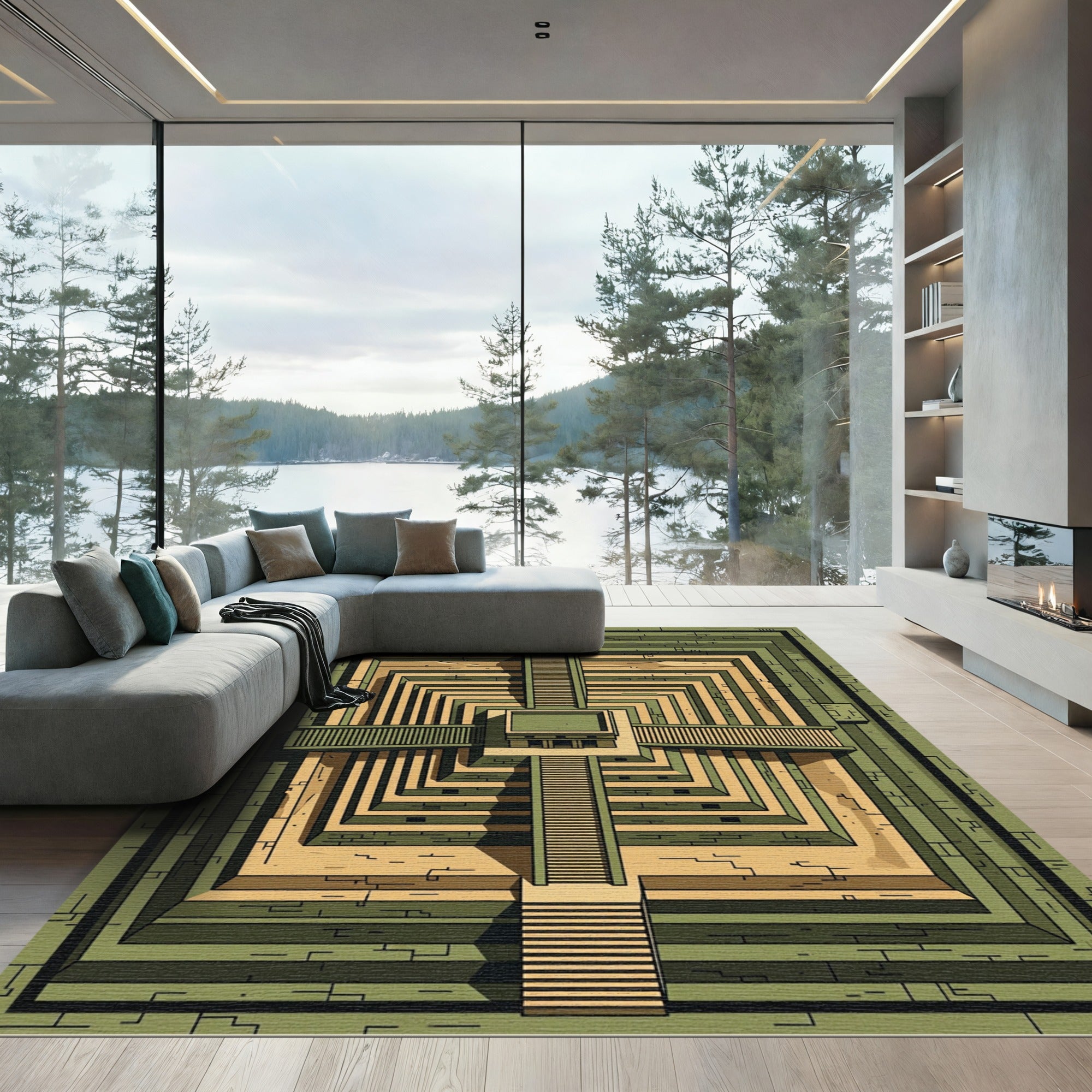 Green Beige Geometric Aztec Temple Rug