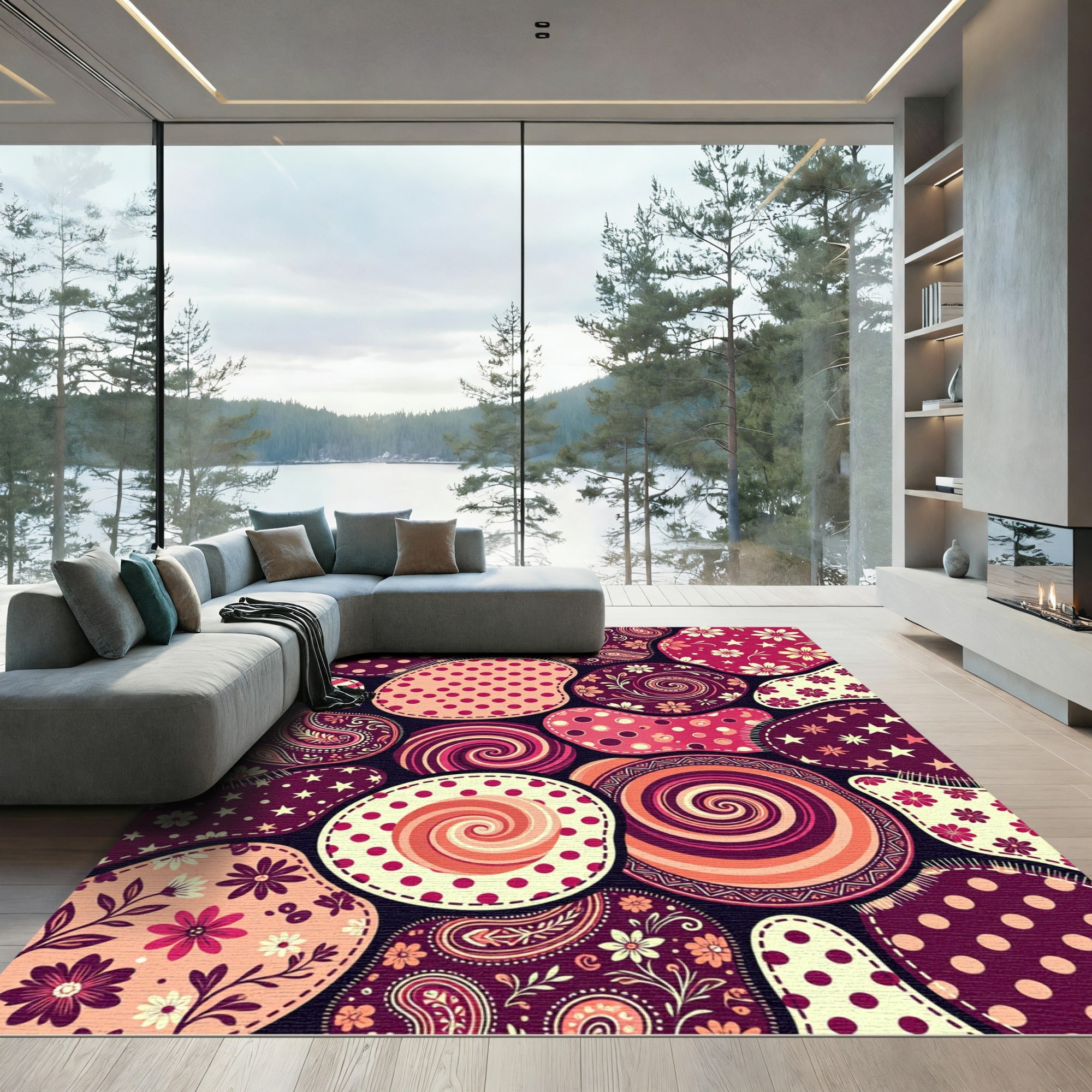 Brocade Berry Stars Swirls Patchwork Rug