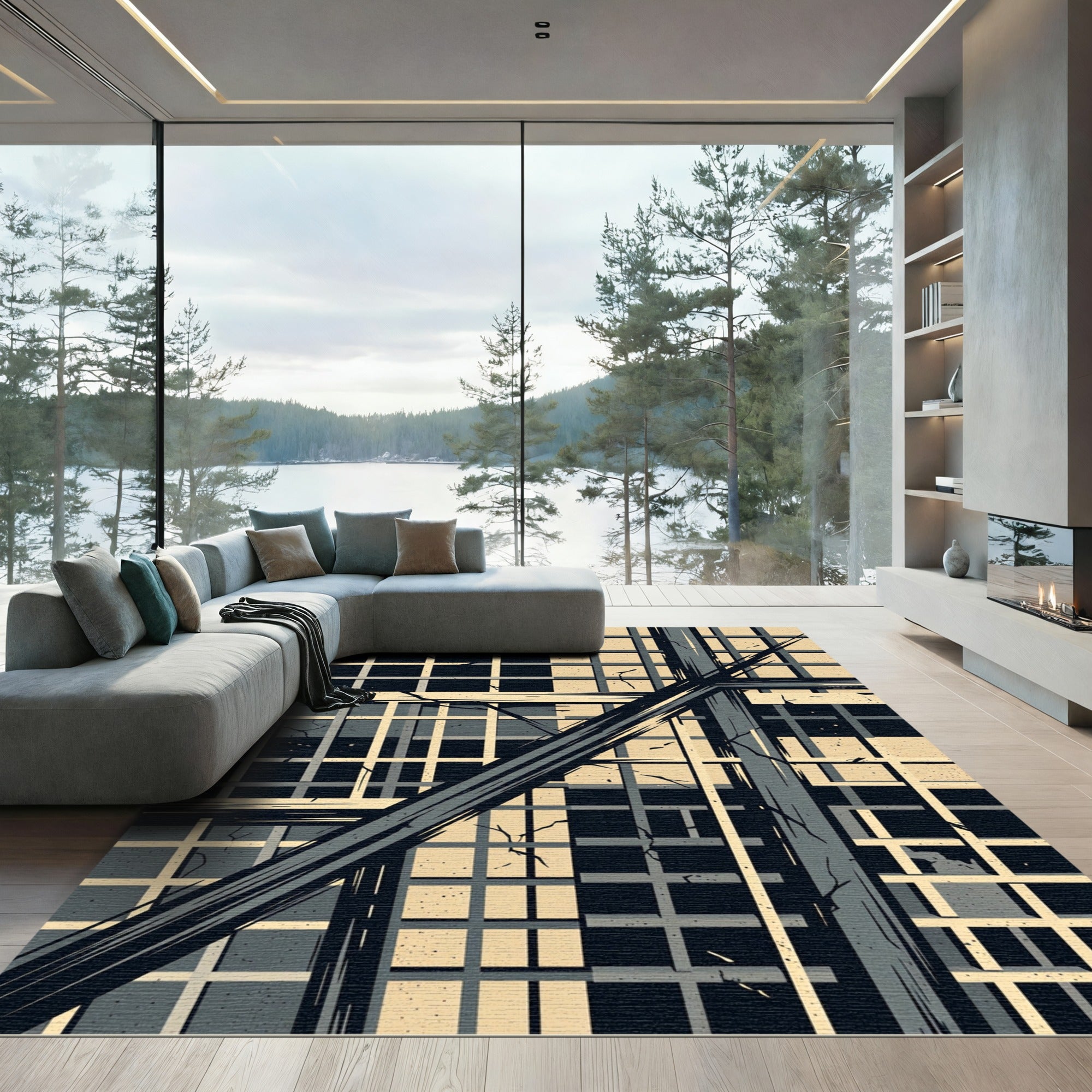 Abstract Charcoal Cream Geometric Linear Grid Rug