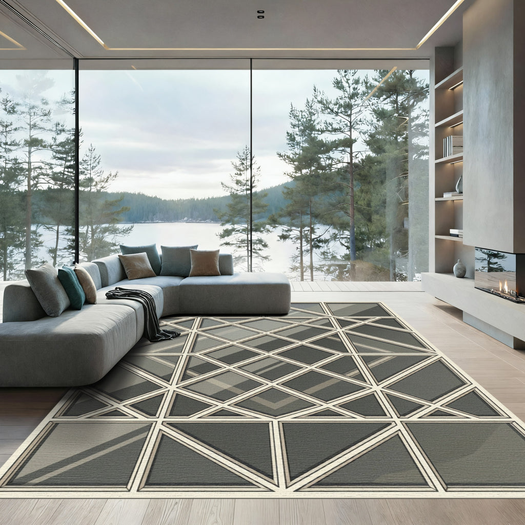 Sophisticated Charcoal Geometric Grid Rug
