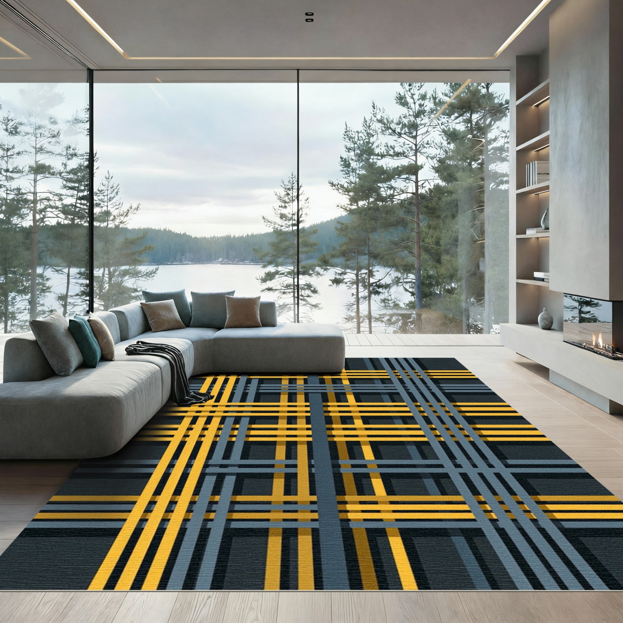 Yellow Blue Intersecting Lines Geometric Rug