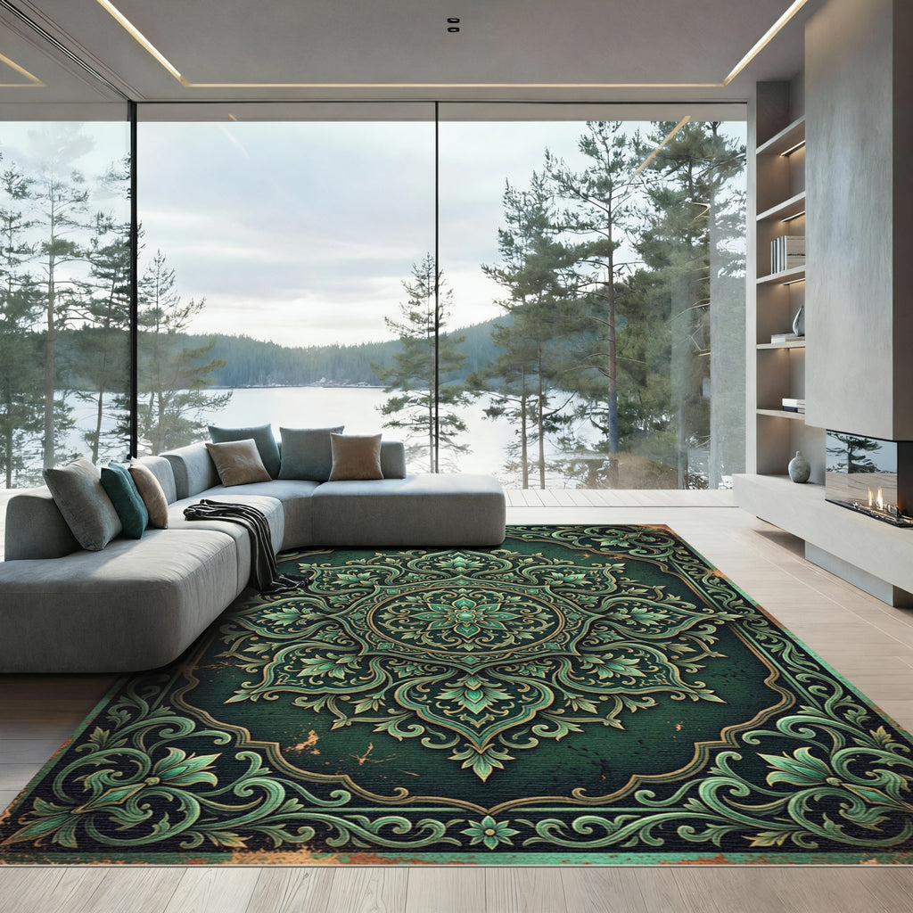Emerald Ornate Floral Medallion Scroll Rug