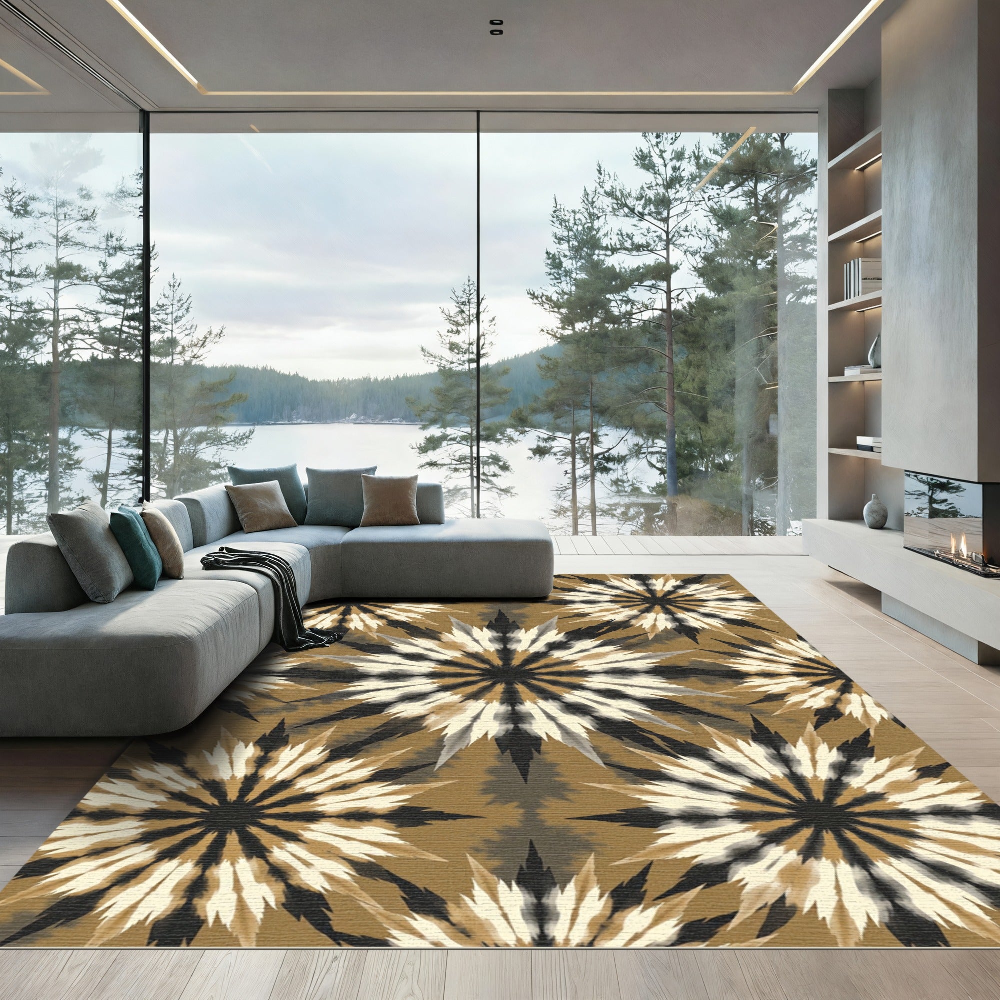 Earthy Ochre Starburst Abstract Medallion Rug