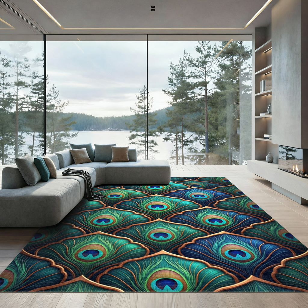 Emerald Peacock Feather Art Deco Rug