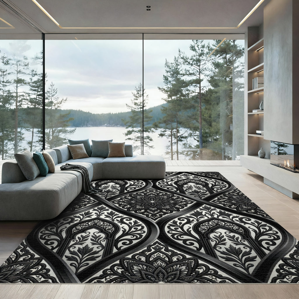 Monochrome Arabesque Floral Medallion Rug