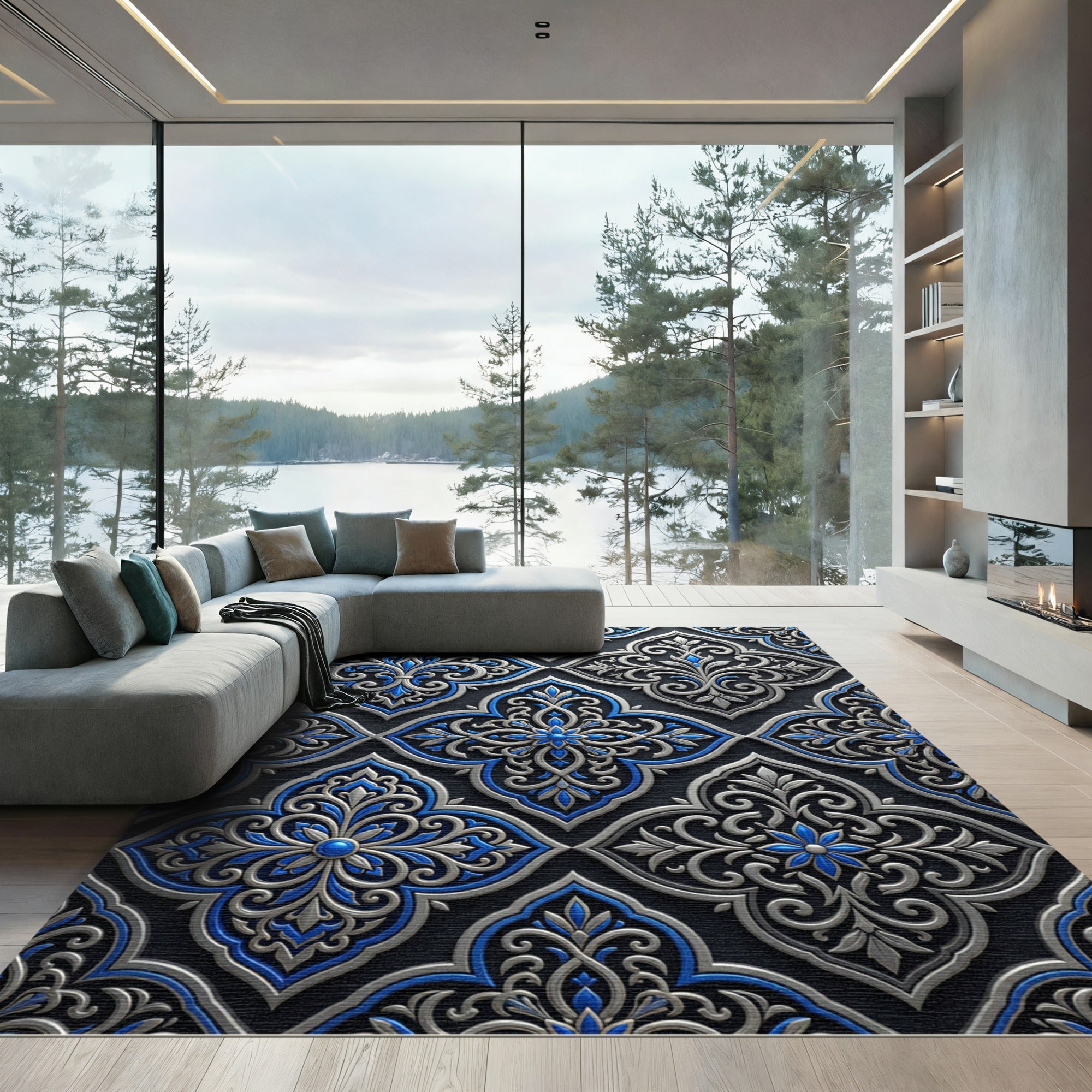 Elegant Silver Blue Damask Scroll Rug