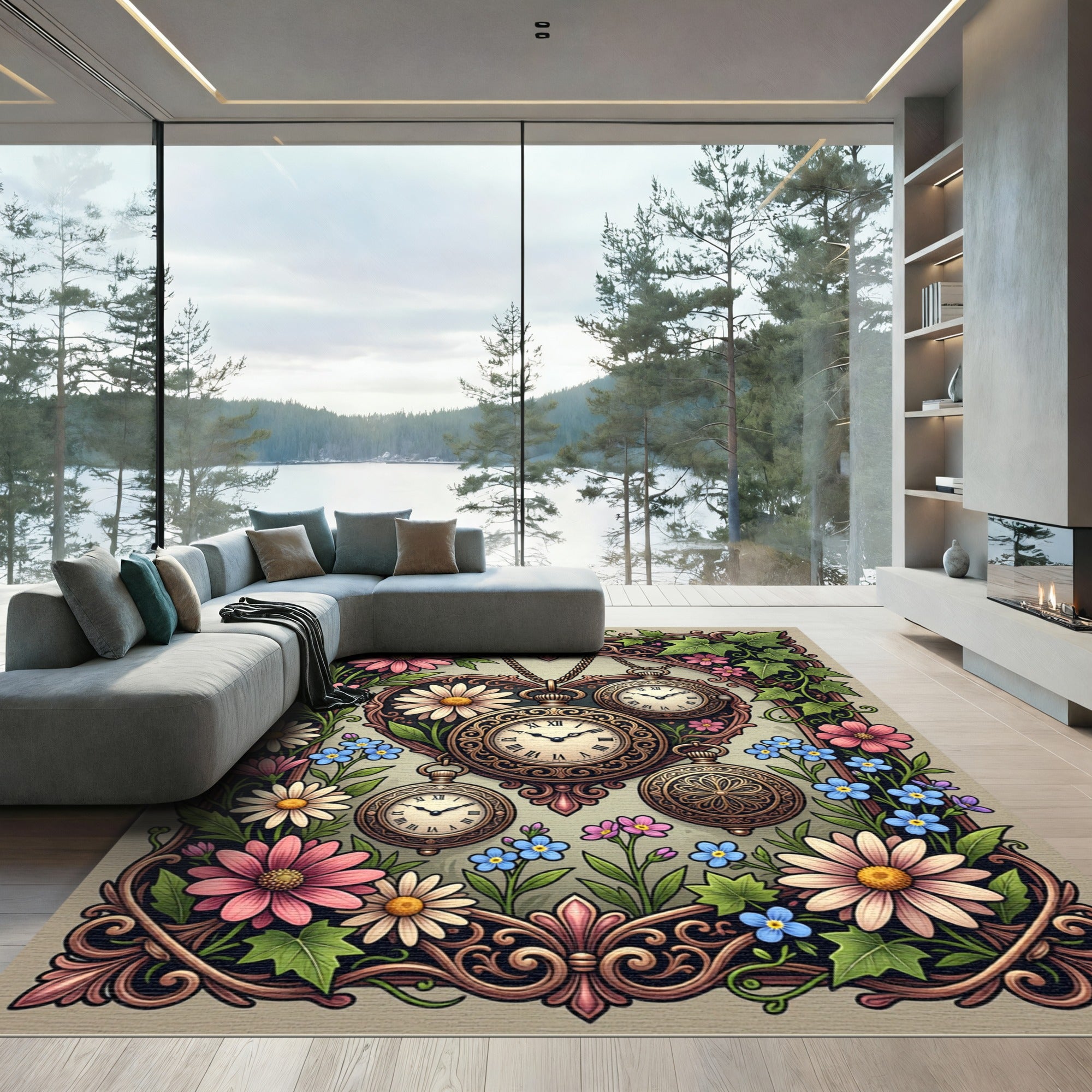 Vintage Floral Pocket Watch Heart Tapestry Rug