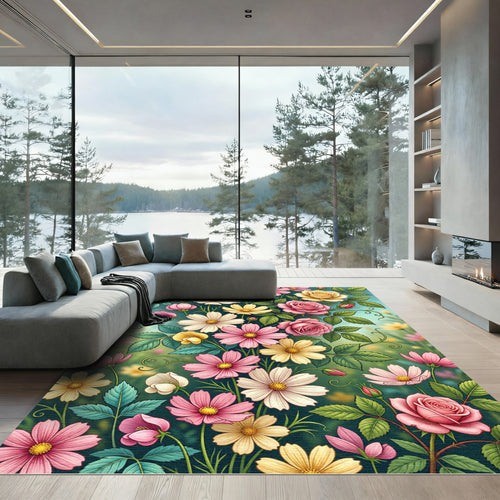 Abundant Pink Yellow White Floral Garden Rug
