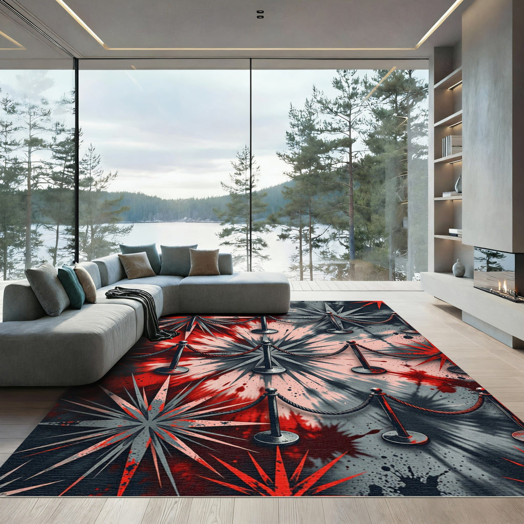 Red Black Starburst Tie Dye Rug