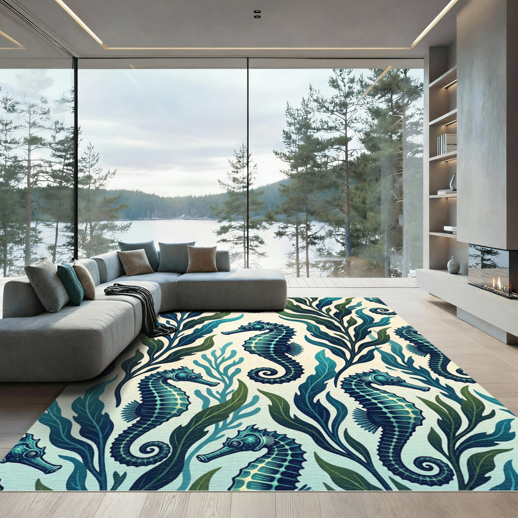 Emerald Seahorse and Seaweed Underwater Illustration Rug