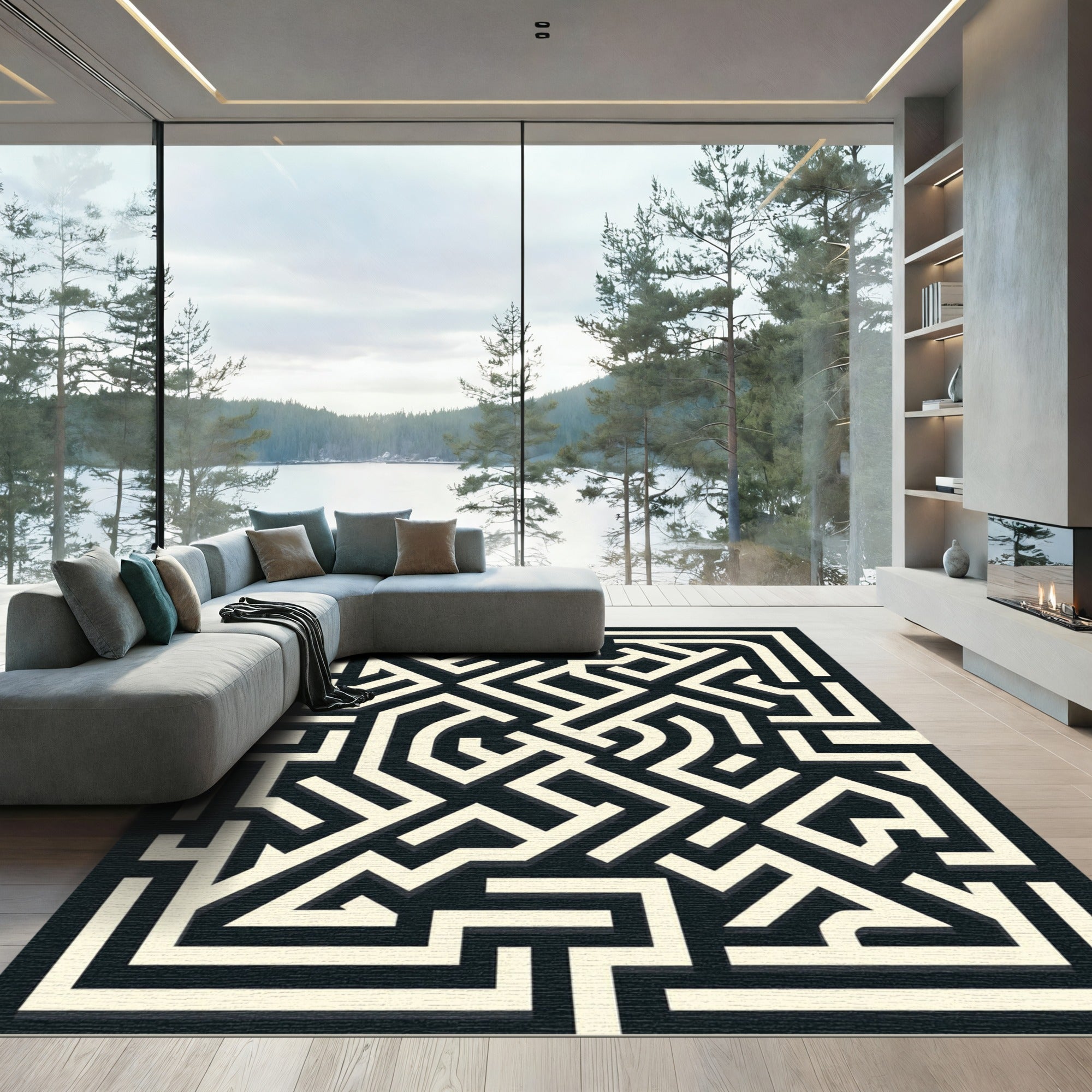 Monochromatic Maze Geometric Illusion Rug
