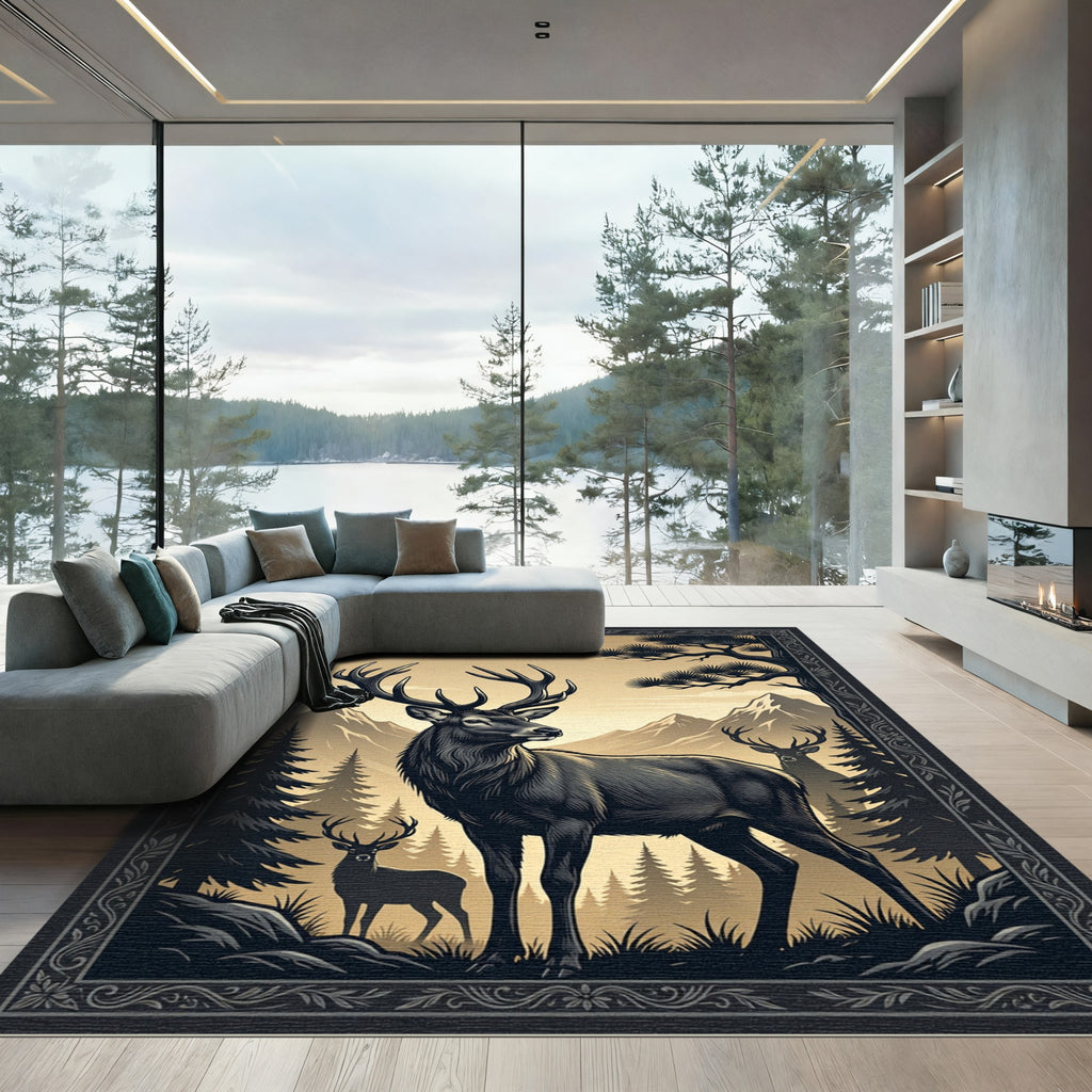 Majestic Stag Mountain Forest Silhouette Rug