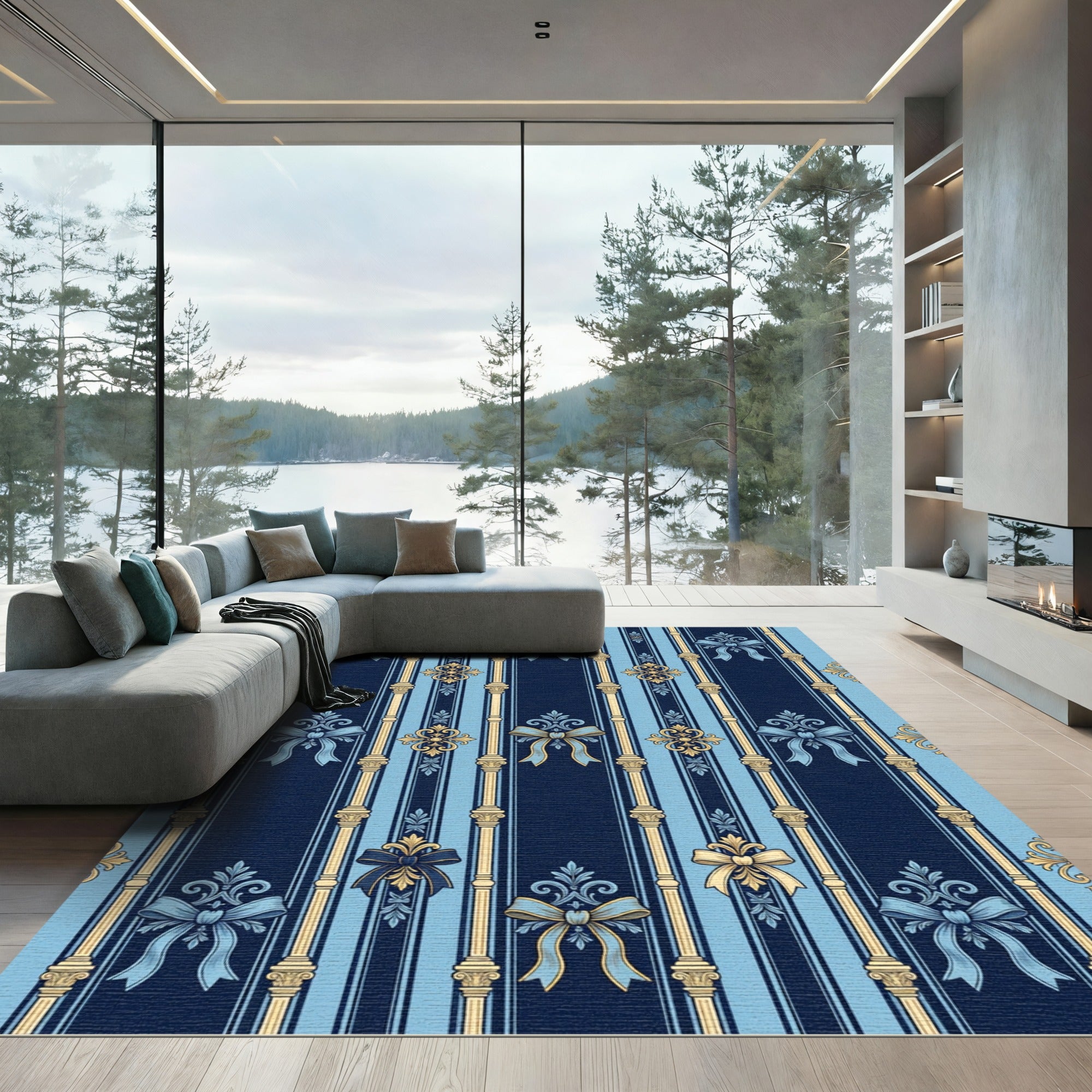 Navy Blue Light Blue Gold Bow Stripes Rug