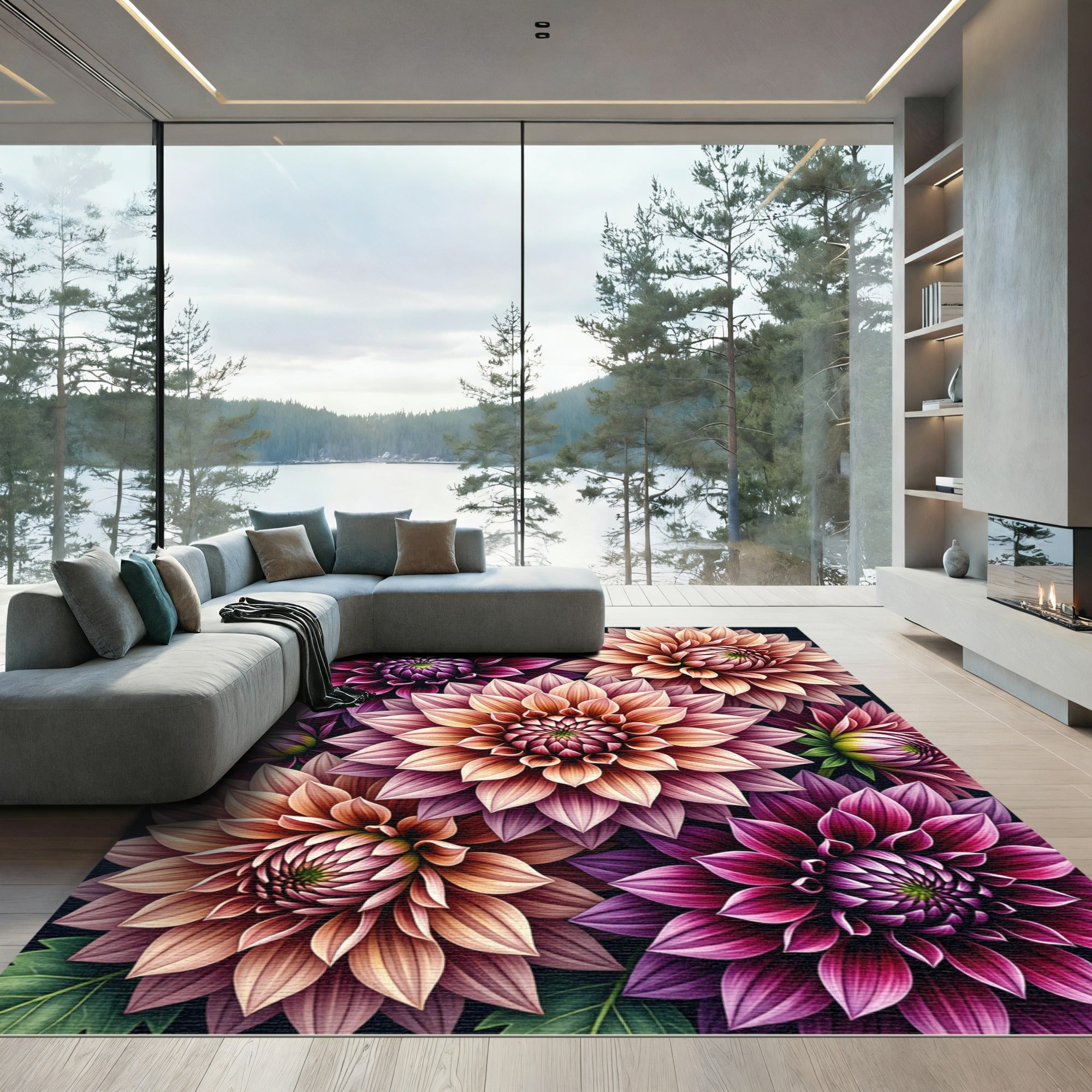 Vibrant Magenta Orange Dahlia Garden Rug