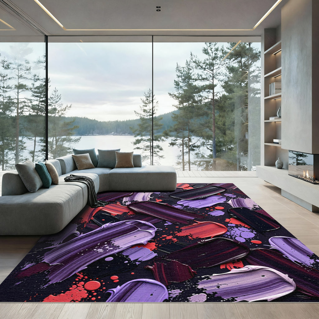 Vibrant Purple and Crimson Abstract Brushstroke Rug