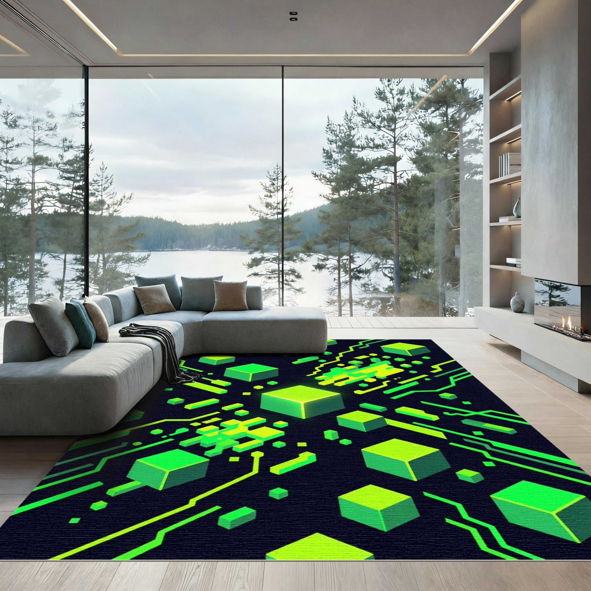 Neon Cyberpunk Isometric Green Data Grid Rug