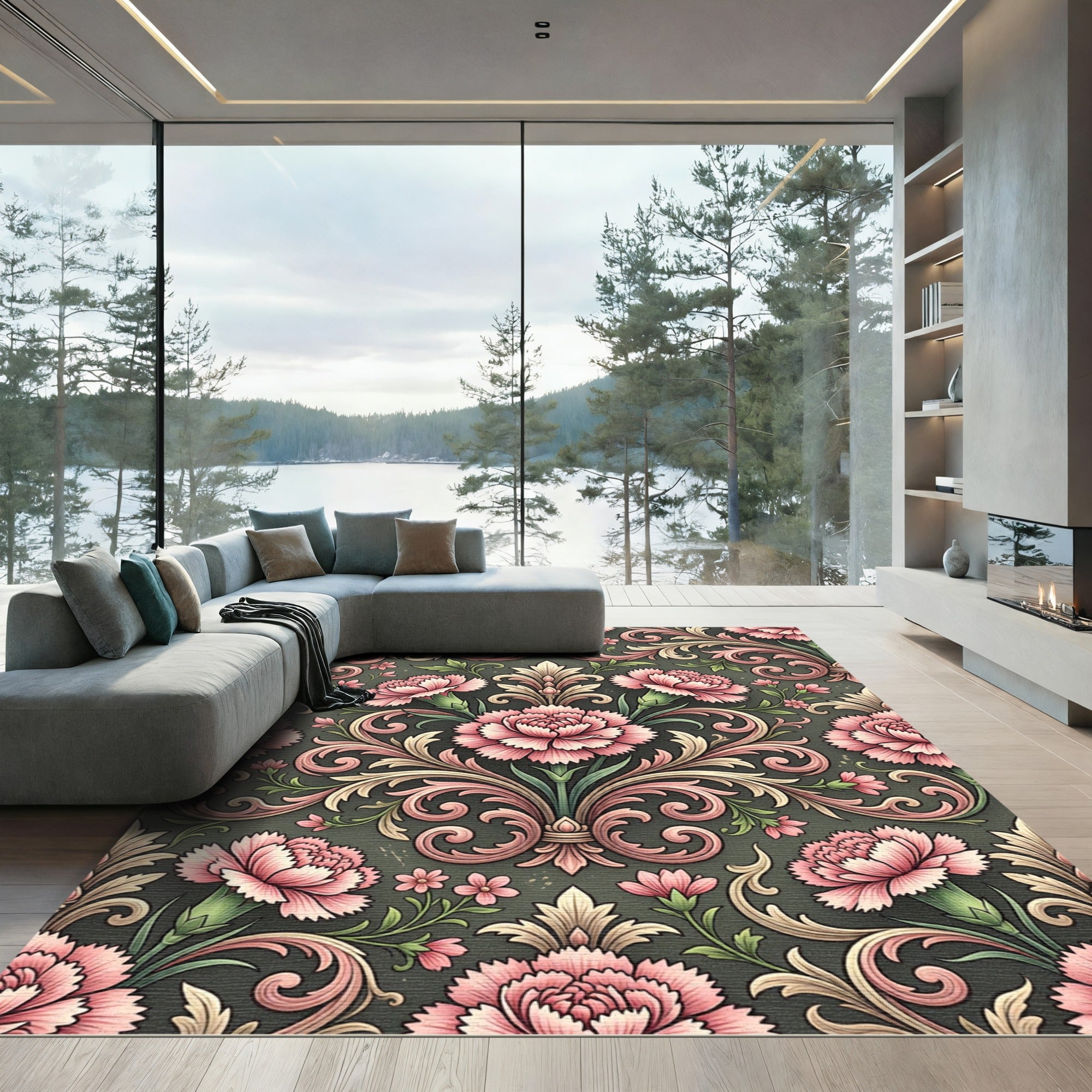 Vintage Pink Carnation Damask Scroll Rug