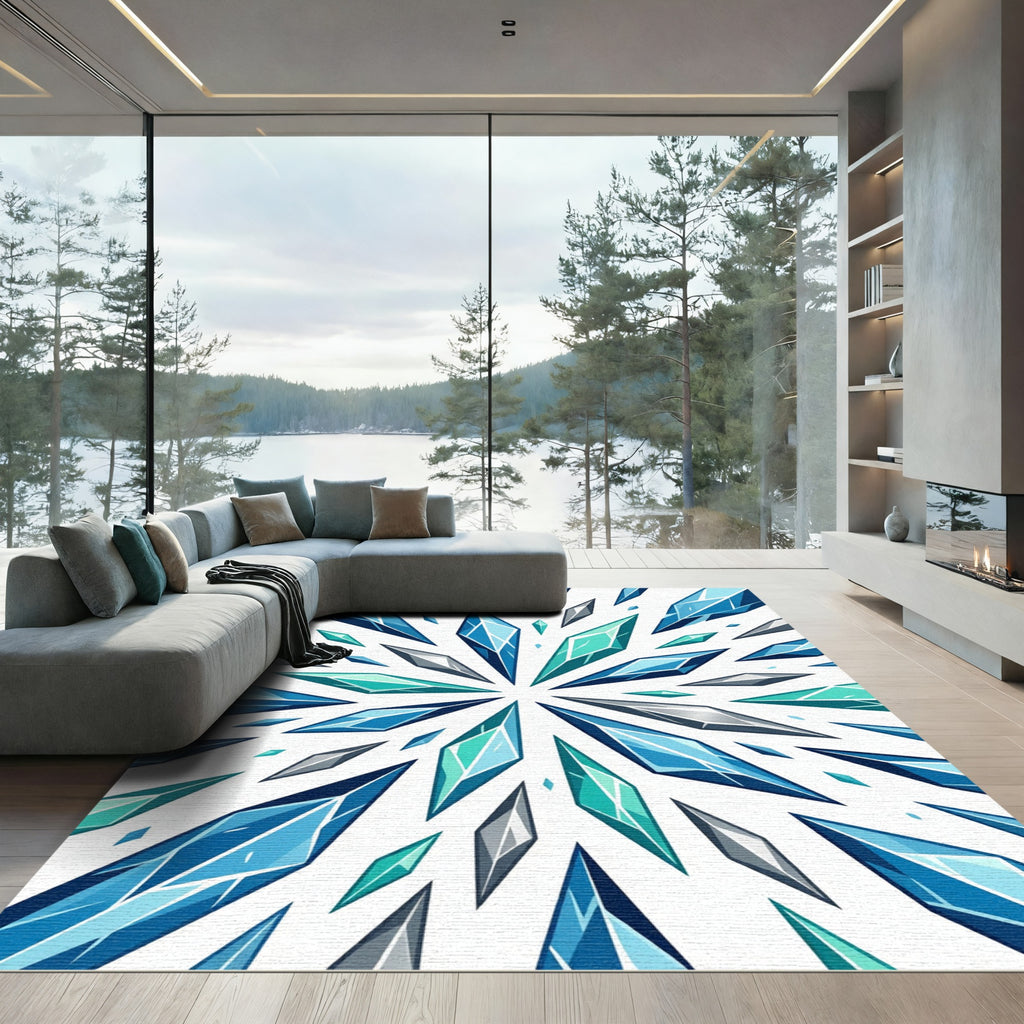 Radiant Blue Turquoise Geometric Crystal Burst Rug