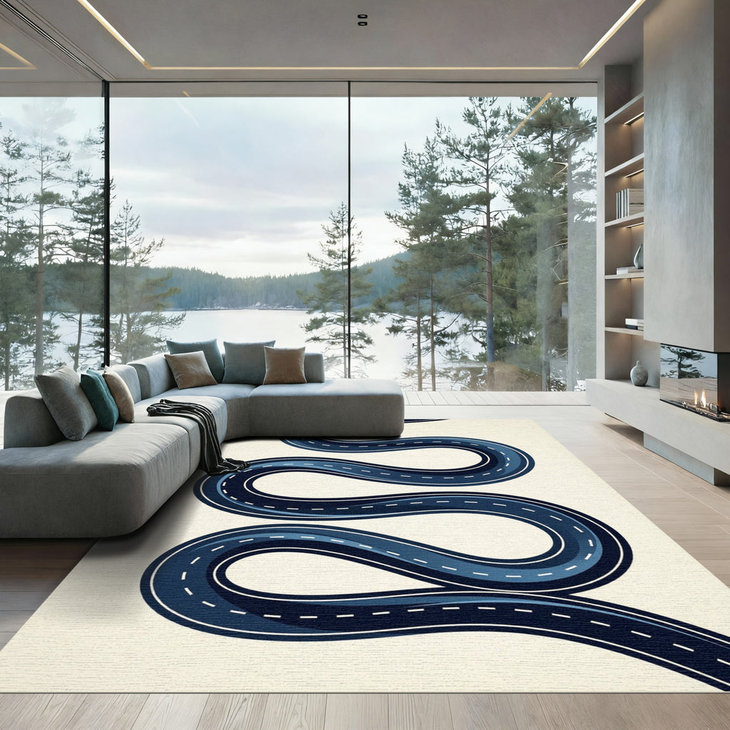 Modern Navy Serpentine Winding Road Rug