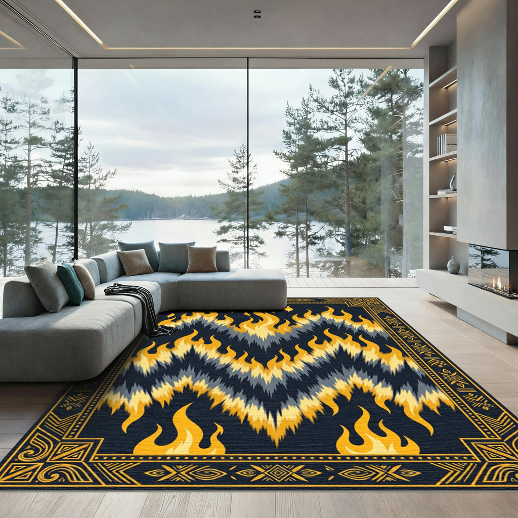 Fiery Yellow Tribal Flame Ikat Rug