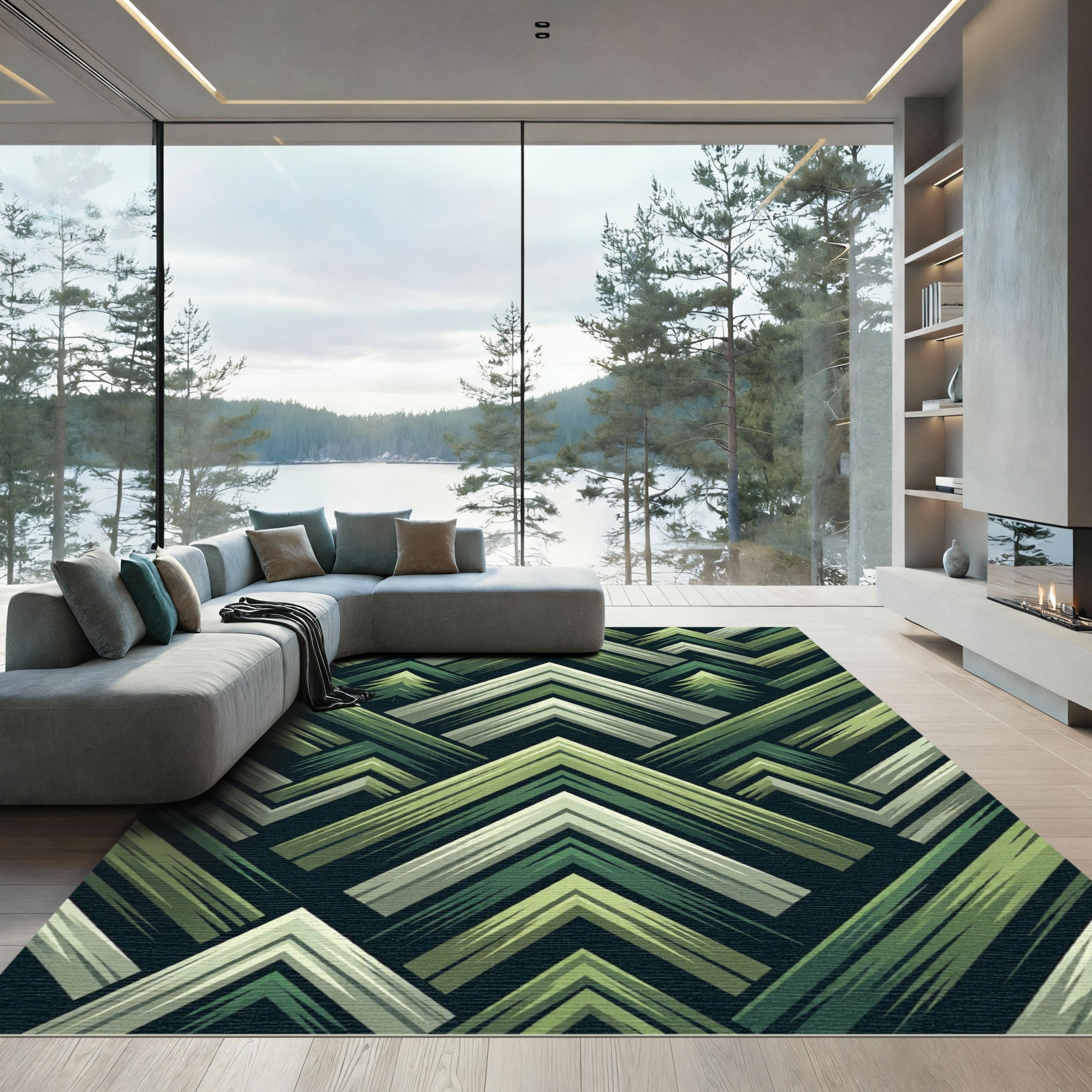 Green Forest Mountain Geometric Rug