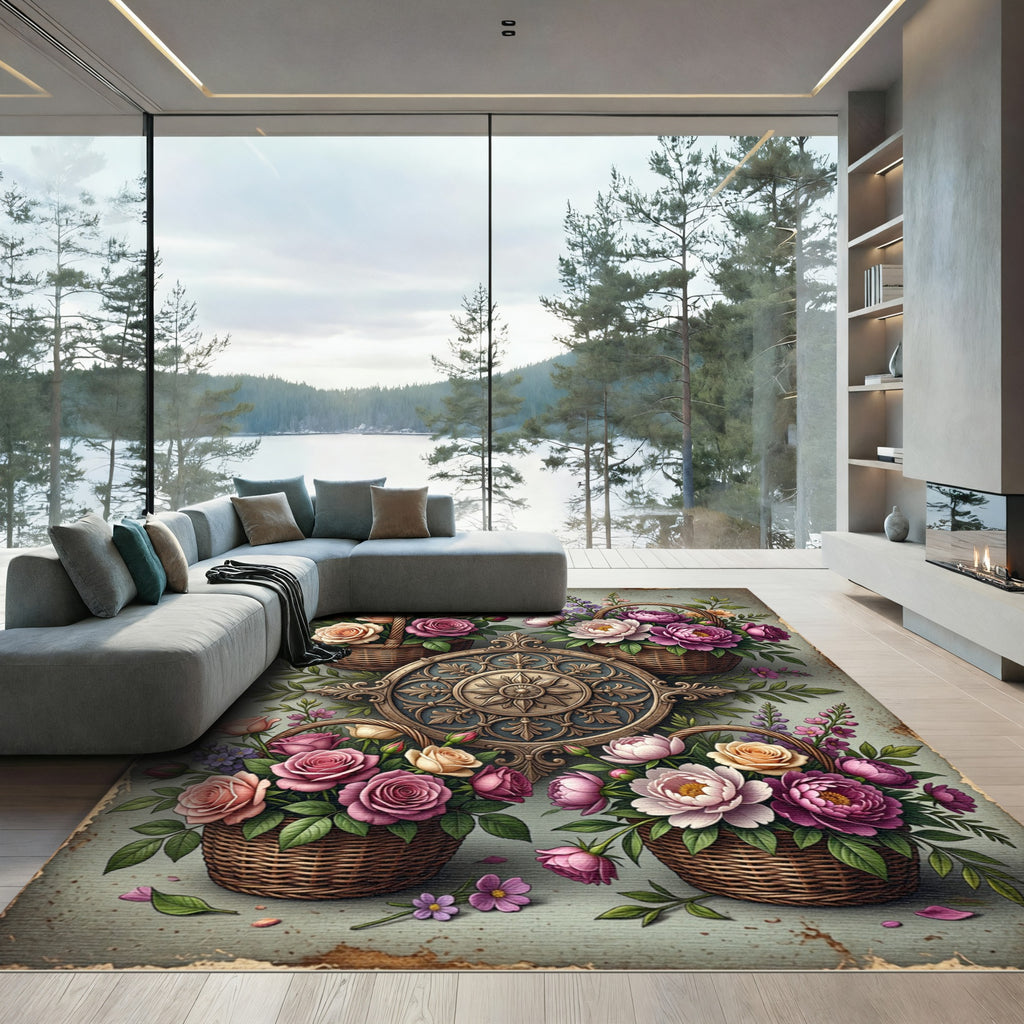 Vintage Floral Garden Basket Medallion Rug