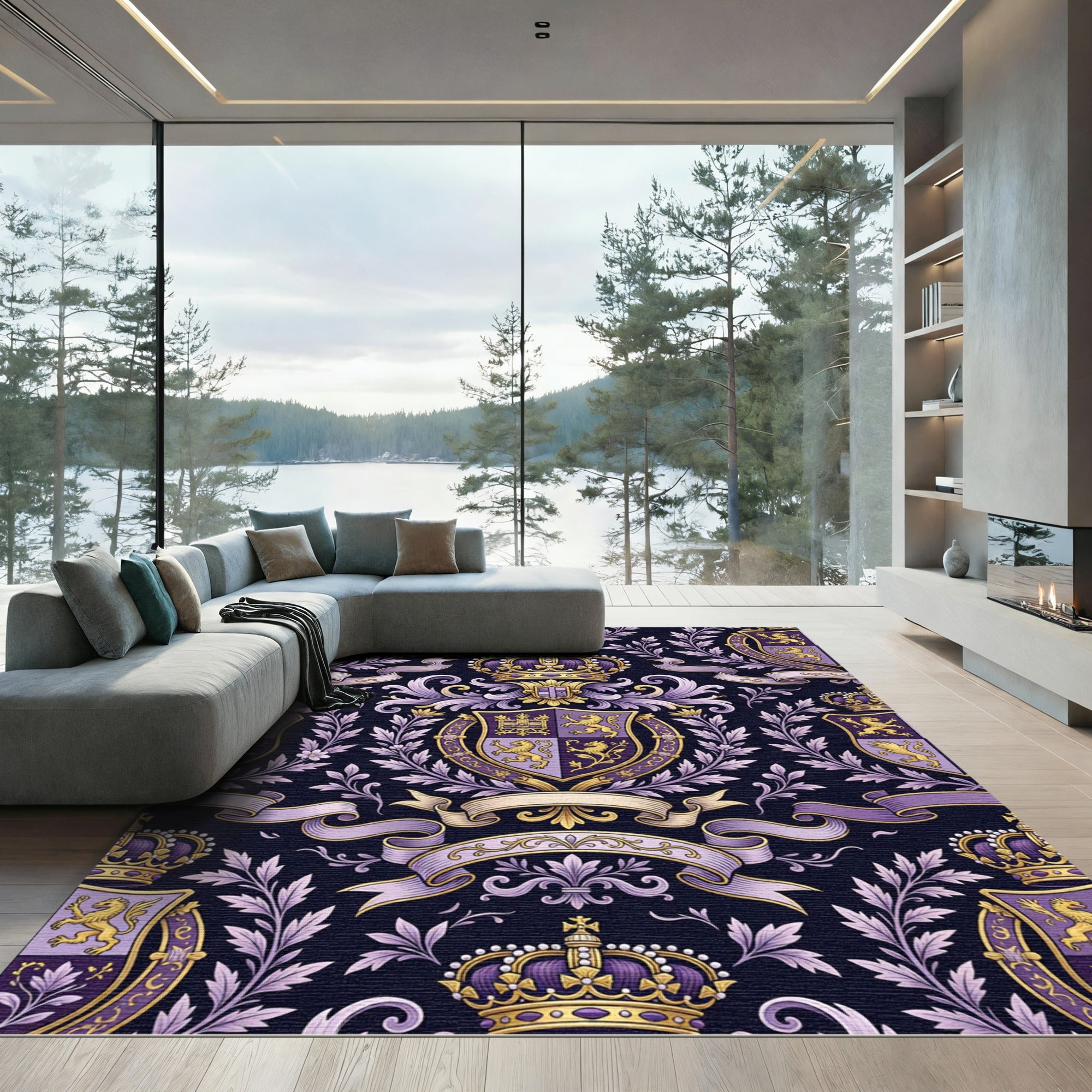Regal Purple Gold Laurel Crown Crest Rug