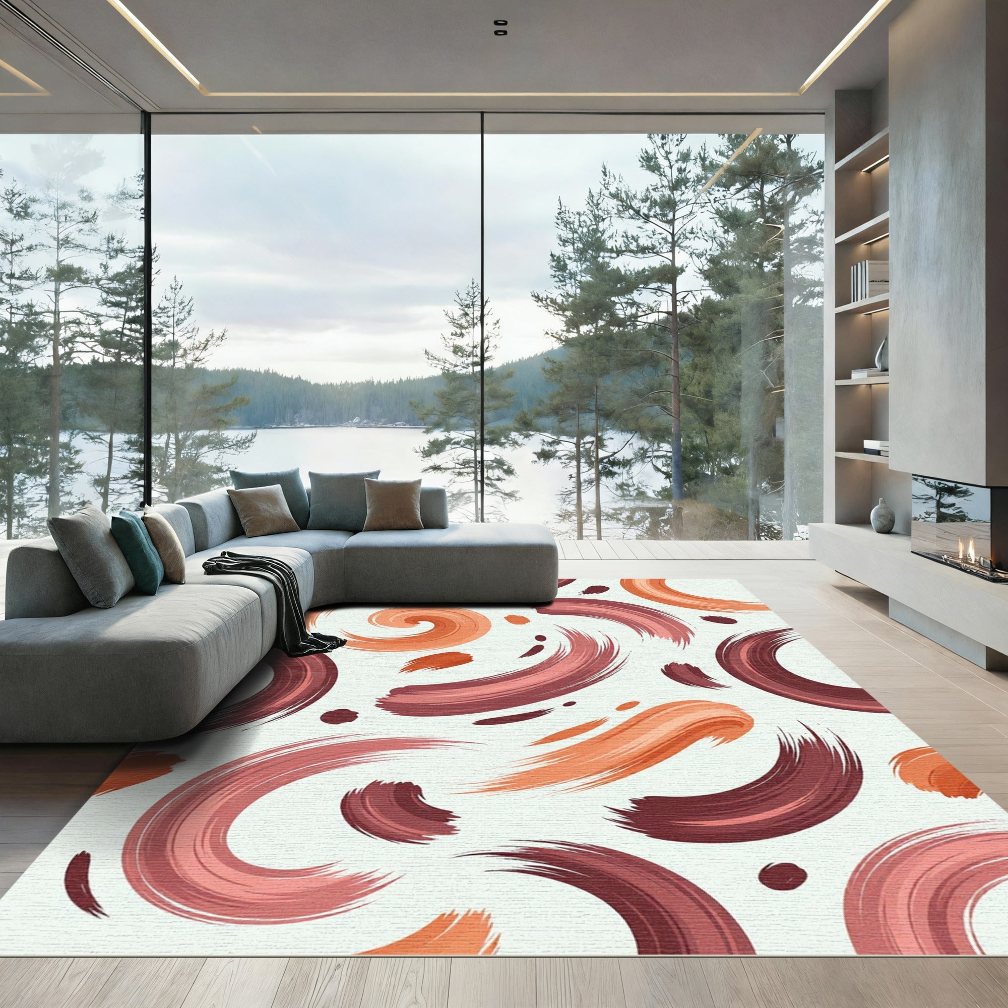 Abstract Terracotta Swirl Brush Stroke Rug