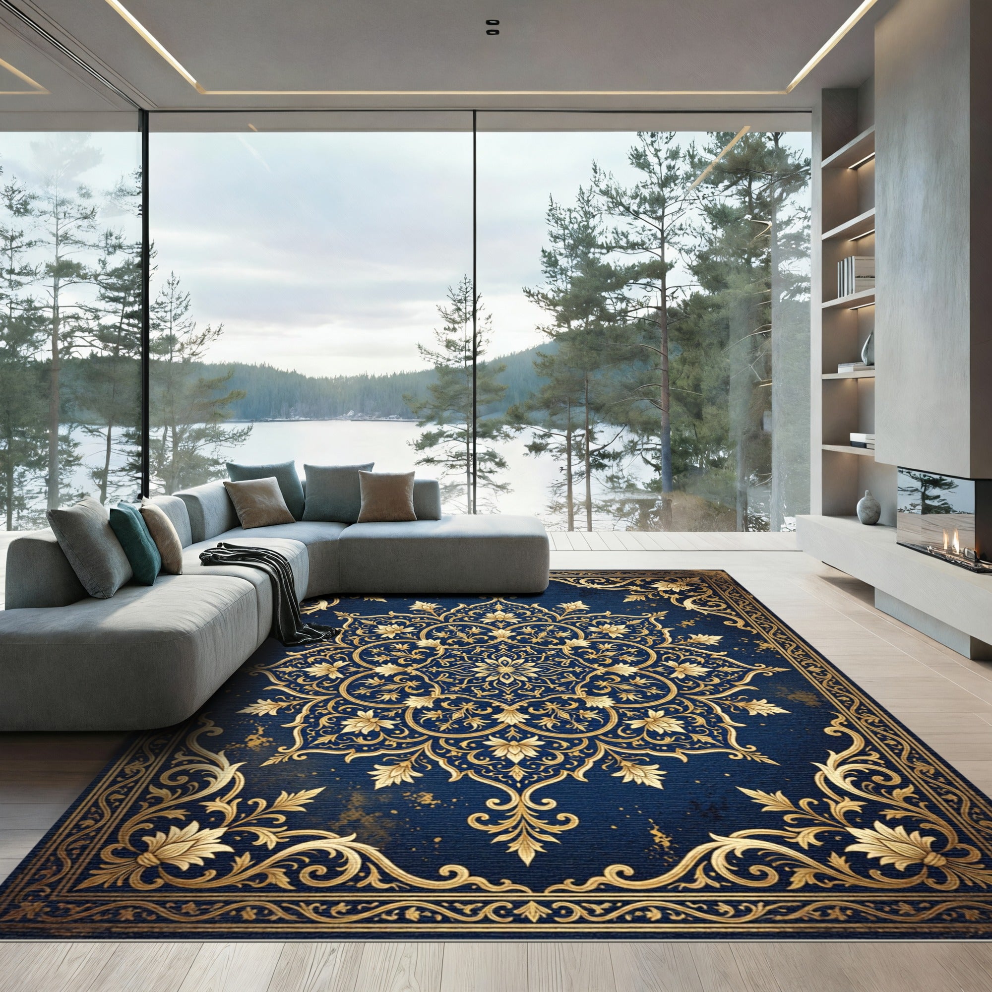 Ornate Navy and Gold Royal Mandala Rug