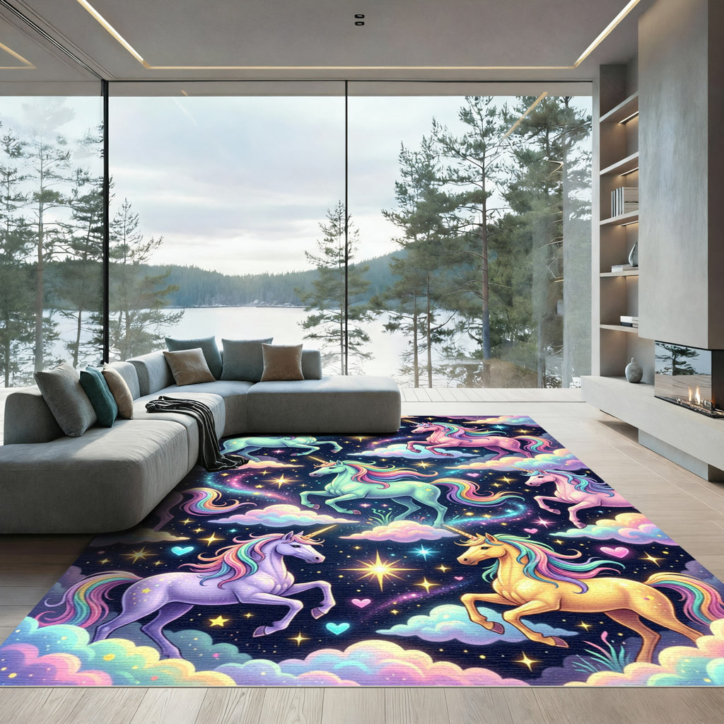 Magical Pastel Unicorns in Starry Clouds Rug